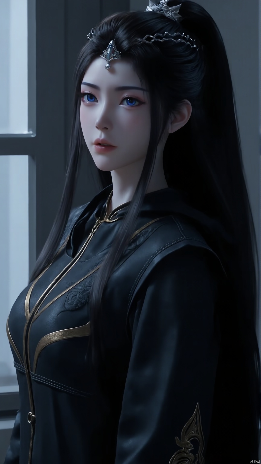 A young woman with striking blue eyes and long, raven-black hair styled in a sleek ponytail stands alone near a window, her gaze directed squarely at the viewer. She wears a stunning black Chinese-inspired dress with intricate details and long sleeves, adorned with a sparkling hair ornament that catches the light. Her expression is enigmatic, conveying a sense of mystery as she seems to hold the viewer's attention.