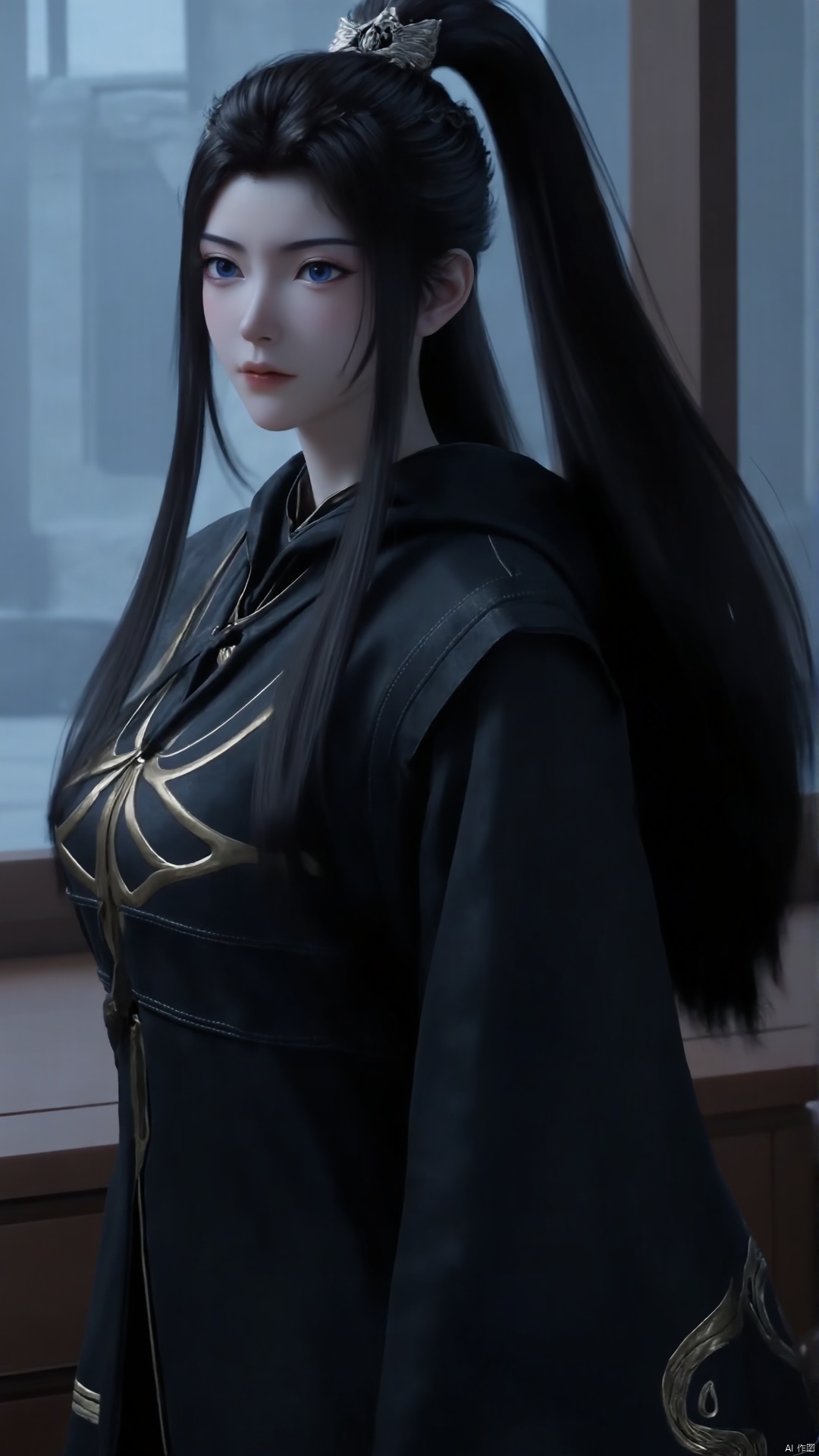 1girl, solo, ponytail, black hair, long hair, window, blue eyes, dress, hair ornament, looking at viewer, indoors, long sleeves, chinese clothes, black dress, expressionless