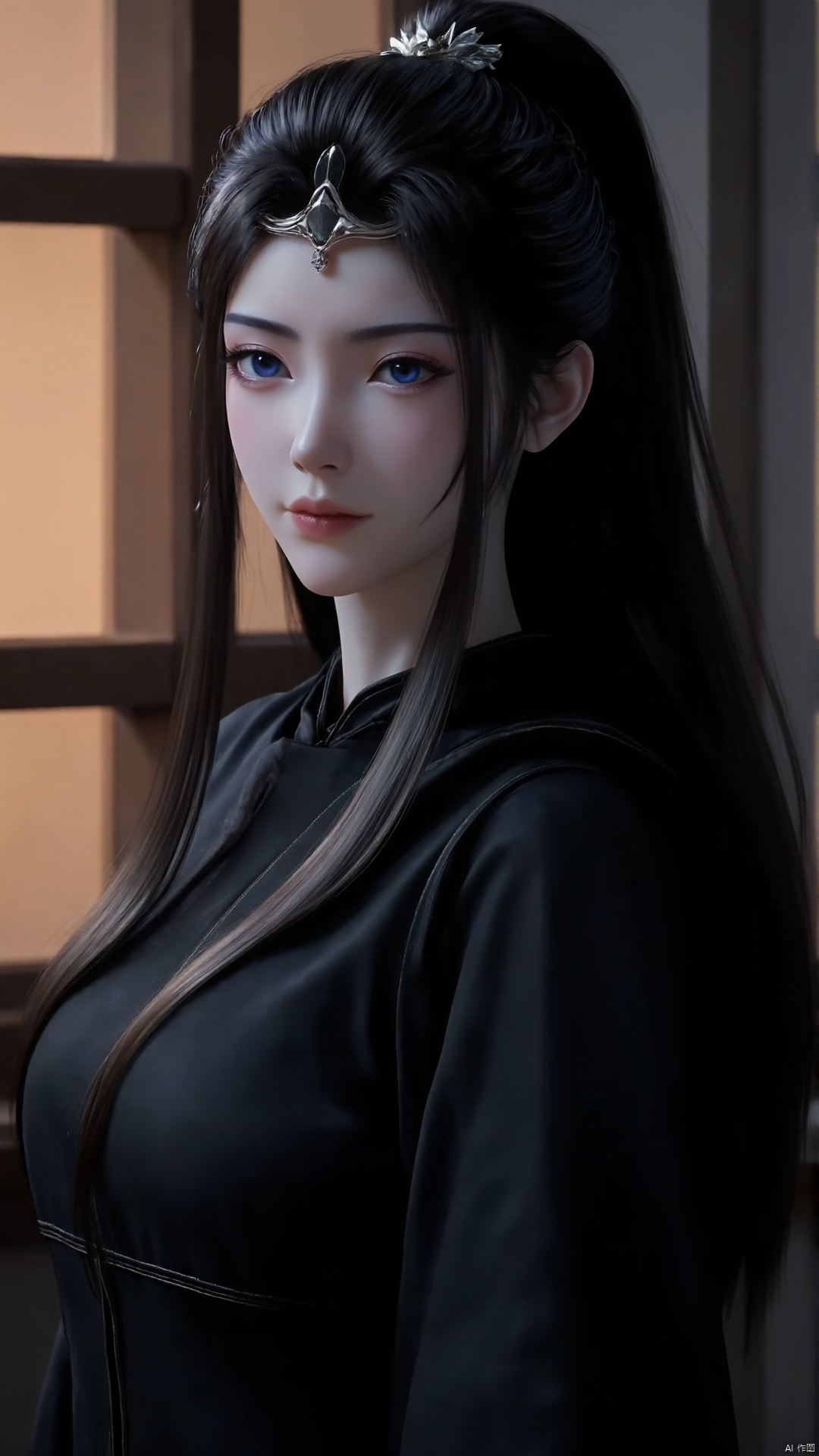 A young woman with long, dark hair styled in a ponytail stands alone in front of a window, her piercing blue eyes gazing directly into the frame. She wears a traditional Chinese-inspired black dress with long sleeves, adorned with a delicate hair ornament. Her facial expression is serene and unremarkable, as if lost in thought. The soft lighting inside creates a warm ambiance, highlighting the subtle curves of her features.