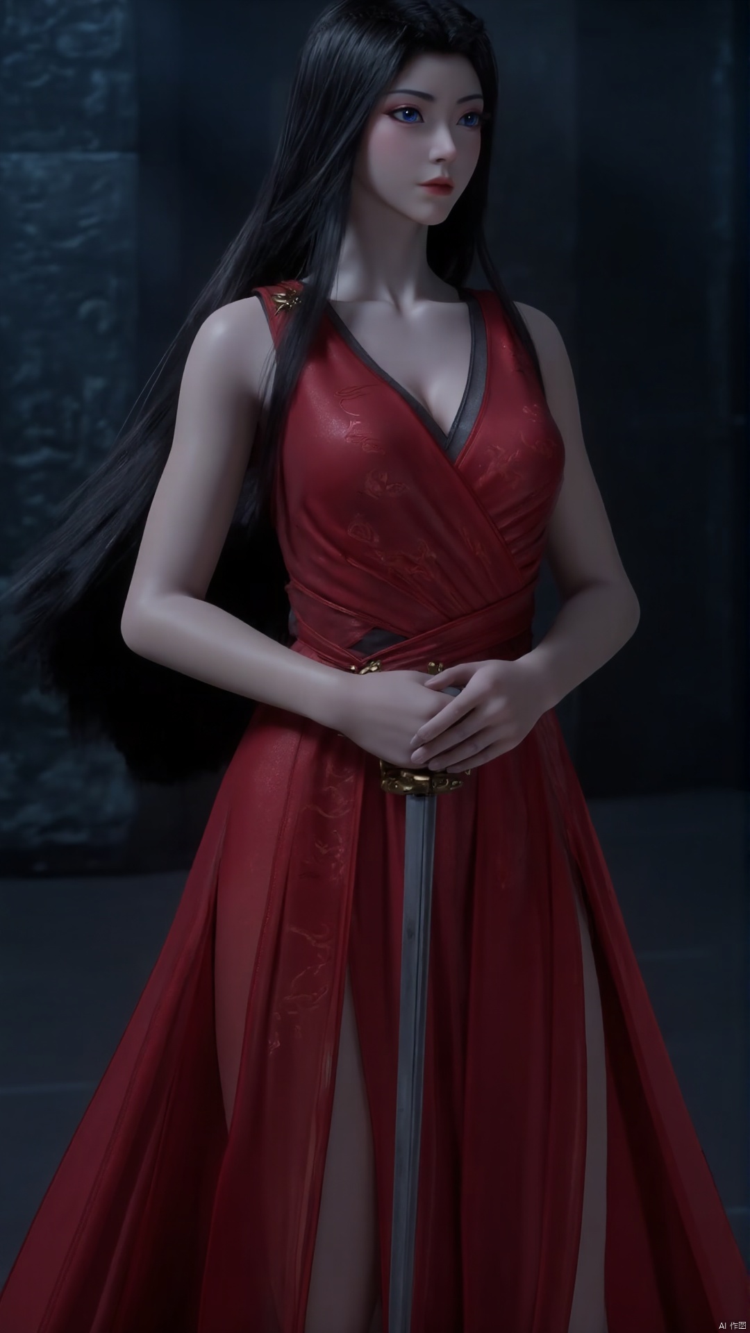 A young woman with long, jet-black hair cascading down her back stands confidently in a crimson dress that accentuates her curves. Her piercing blue eyes sparkle as she holds a gleaming sword at her side, its hilt nestled between her breasts. The dress's sleeveless design showcases her toned arms and highlights the intricate Chinese-inspired patterns embroidered on the fabric.