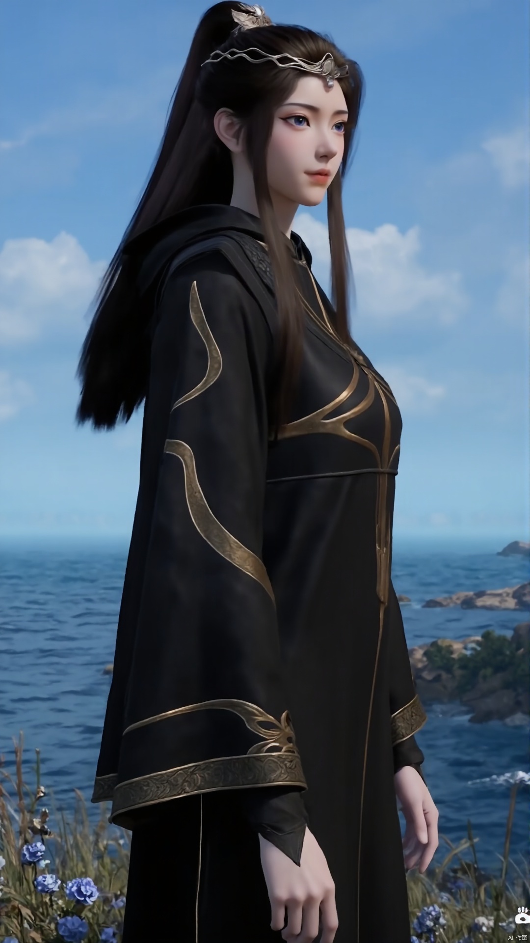 A young girl with long, flowing black hair styled in a high ponytail and adorned with a delicate hair ornament stands solo against the vibrant blue sky on a sunny day. Her brown hair is tied back, revealing her striking blue eyes that seem to gaze off into the distance as she looks to the side. She wears a traditional Chinese dress, its intricate designs and colors blending seamlessly with the ocean's waves crashing gently in the background.