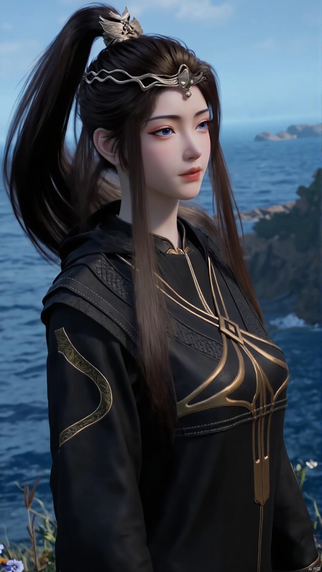 A young girl with long, flowing black hair styled in a high ponytail and adorned with a delicate hair ornament stands solo against the vibrant blue sky on a sunny day. Her brown hair is tied back, revealing her striking blue eyes that seem to gaze off into the distance as she looks to the side. She wears a traditional Chinese dress, its intricate designs and colors blending seamlessly with the ocean's waves crashing gently in the background.