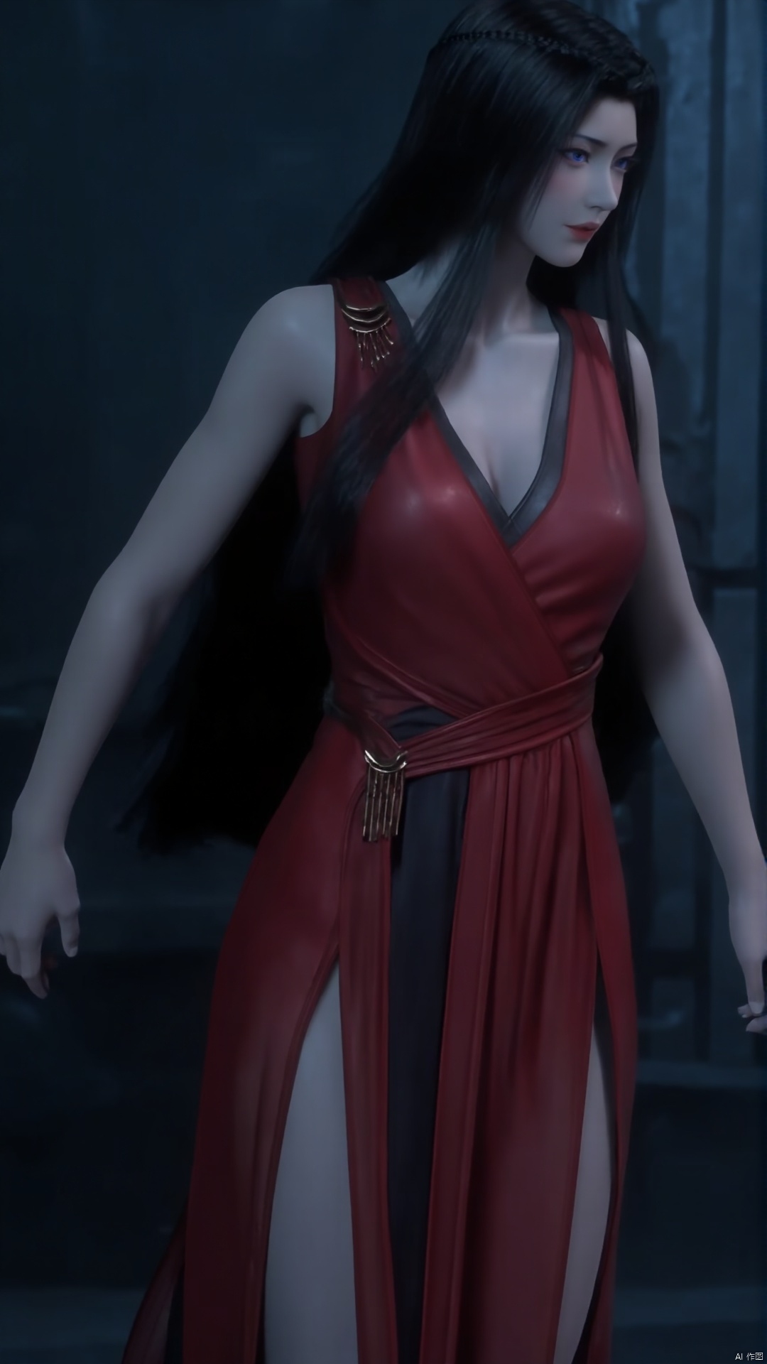 A majestic warrior maiden stands alone, her raven tresses cascading down her back like a waterfall of night. A stunning red Chinese dress hugs her curves, its sleeveless design showcasing her toned physique and sparkling blue eyes that seem to pierce the air. Her long hair flows behind her like a river of darkness as she wields a sword, its gleaming blade reflecting off her prominent breasts, which are framed by the low-cut neckline. The crimson fabric seems to glow with an inner fire, as if infused with the fiery spirit of the warrior within.