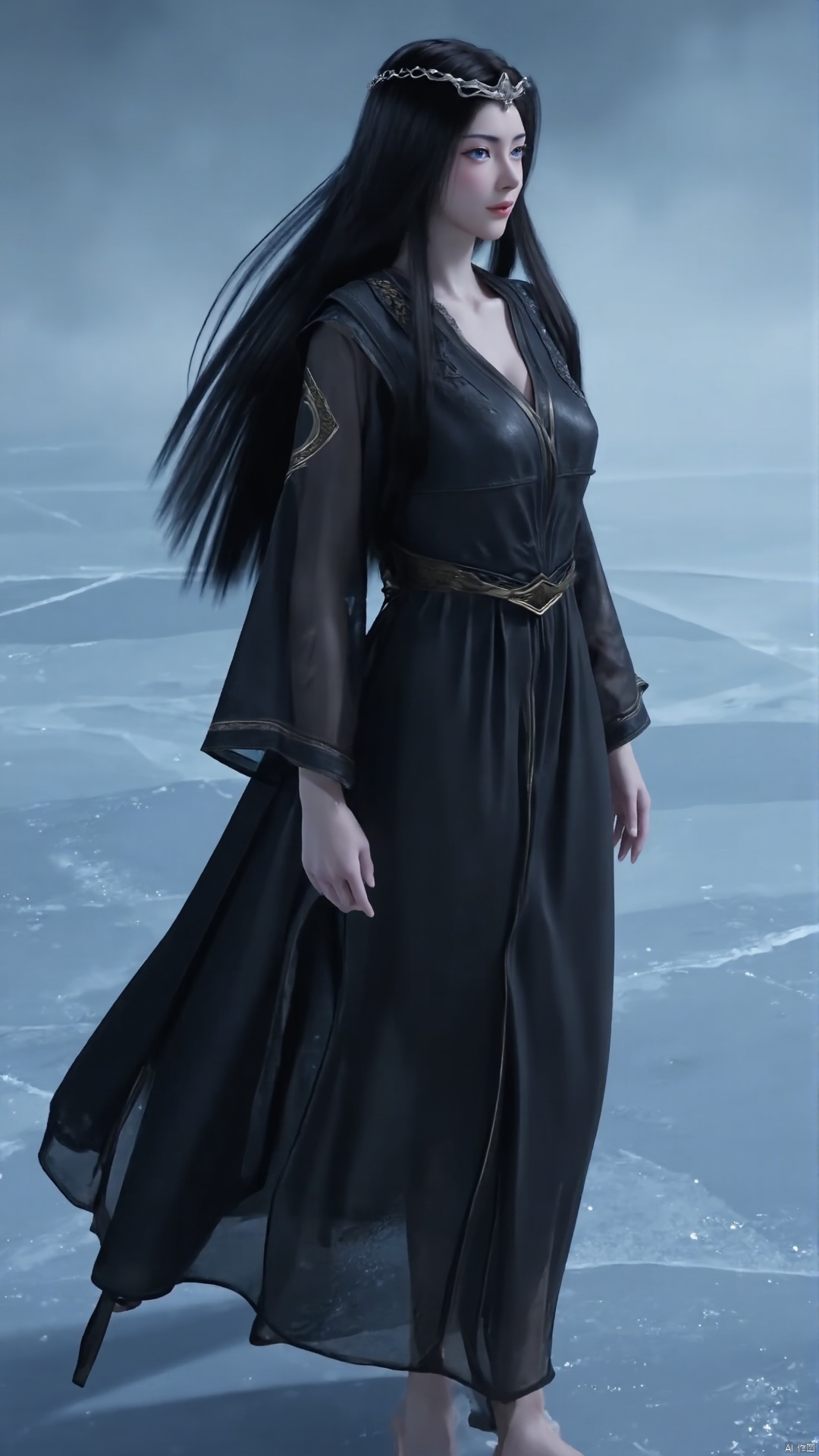 A serene and alluring scene unfolds: a single figure stands alone on a frozen lake, her long, raven-black hair cascading down her back like a waterfall of night. Barefoot and unadorned except for sparkling earrings that catch the pale light, she poses confidently amidst the icy landscape. Her piercing blue eyes seem to sparkle with an inner radiance as she gazes out at the frozen expanse, her delicate features illuminated by the soft, winter sunlight.