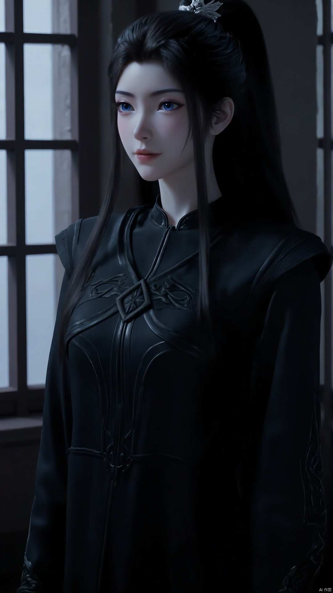 A young woman with striking blue eyes and raven-black hair styled in a sleek ponytail stands alone indoors, dressed in a stunning black Chinese-inspired gown with intricate long sleeves. Her gaze directly addresses the viewer as she wears a delicate hair ornament, her facial expression calm and serene. Framed by a large window, the dimly lit room accentuates the subject's features.