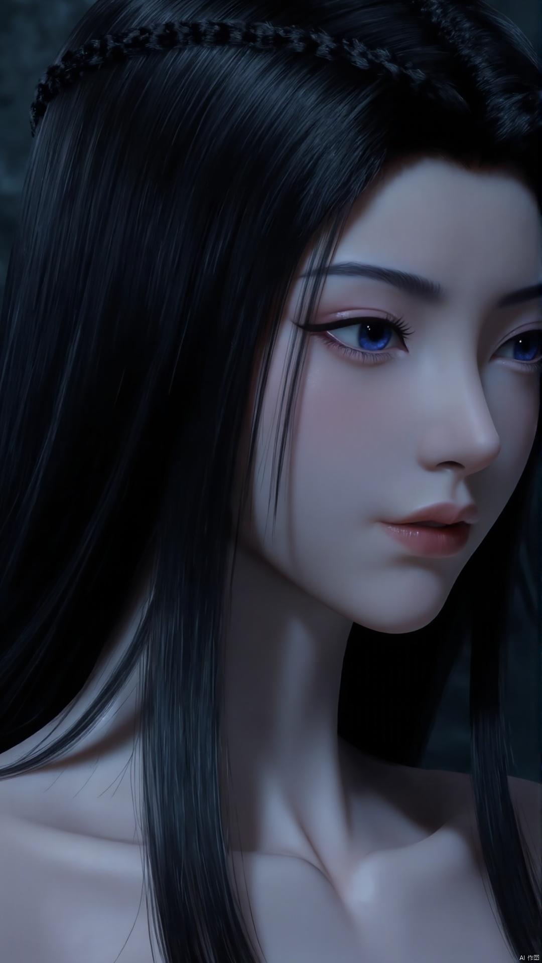 1girl, solo, black hair, blue eyes, long hair, portrait, braid, collarbone, closed mouth, realistic, lips