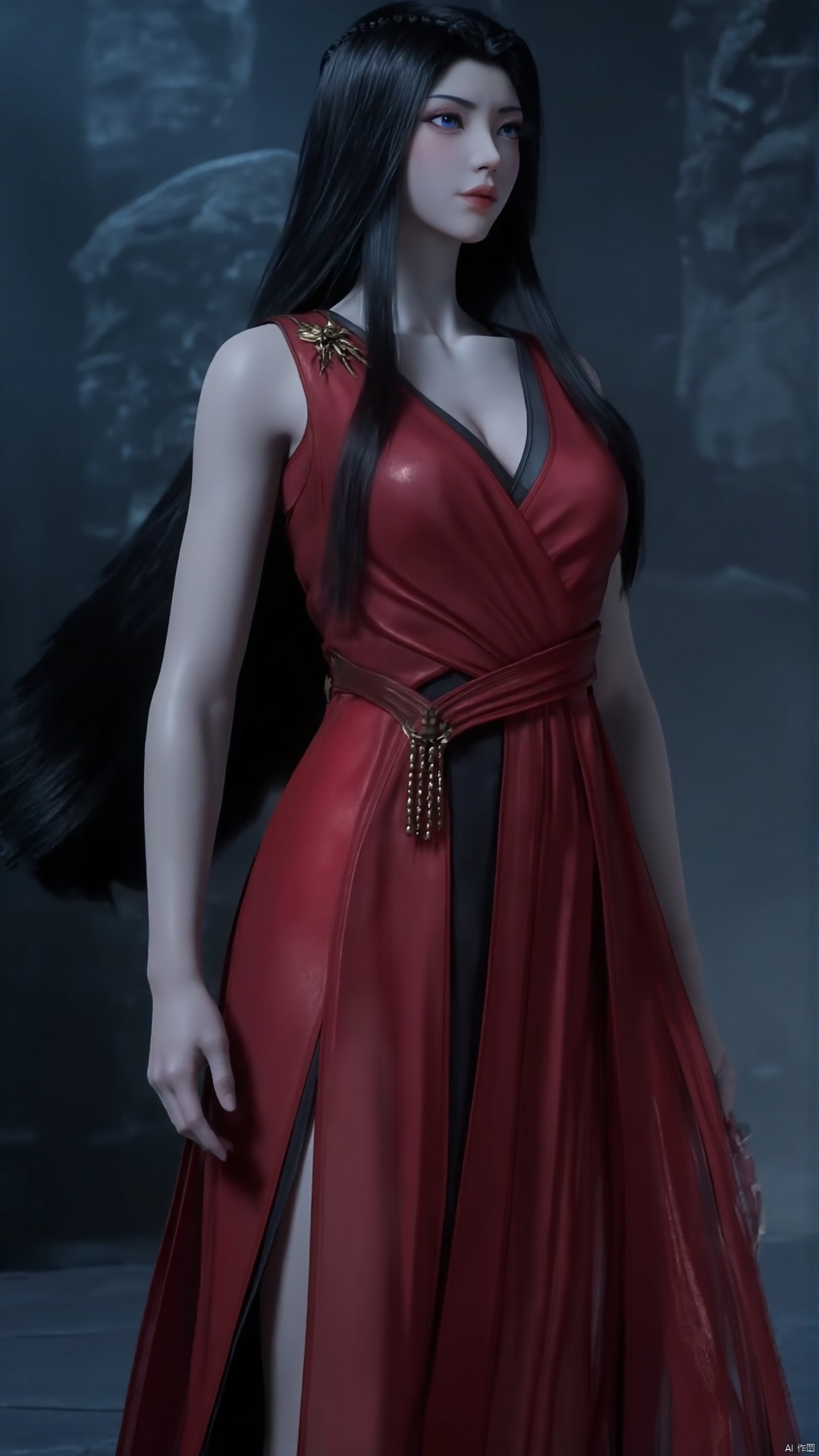 A majestic warrior maiden stands alone, her raven tresses cascading down her back like a waterfall of night. A stunning red Chinese dress hugs her curves, its sleeveless design showcasing her toned physique and sparkling blue eyes that seem to pierce the air. Her long hair flows behind her like a river of darkness as she wields a sword, its gleaming blade reflecting off her prominent breasts, which are framed by the low-cut neckline. The crimson fabric seems to glow with an inner fire, as if infused with the fiery spirit of the warrior within.