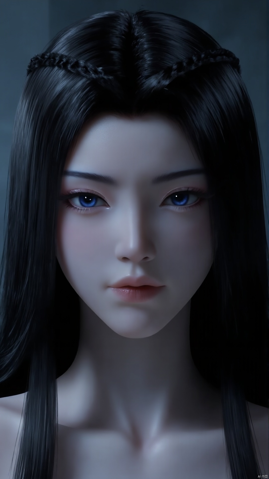 1girl, solo, black hair, blue eyes, long hair, portrait, braid, collarbone, closed mouth, realistic, lips