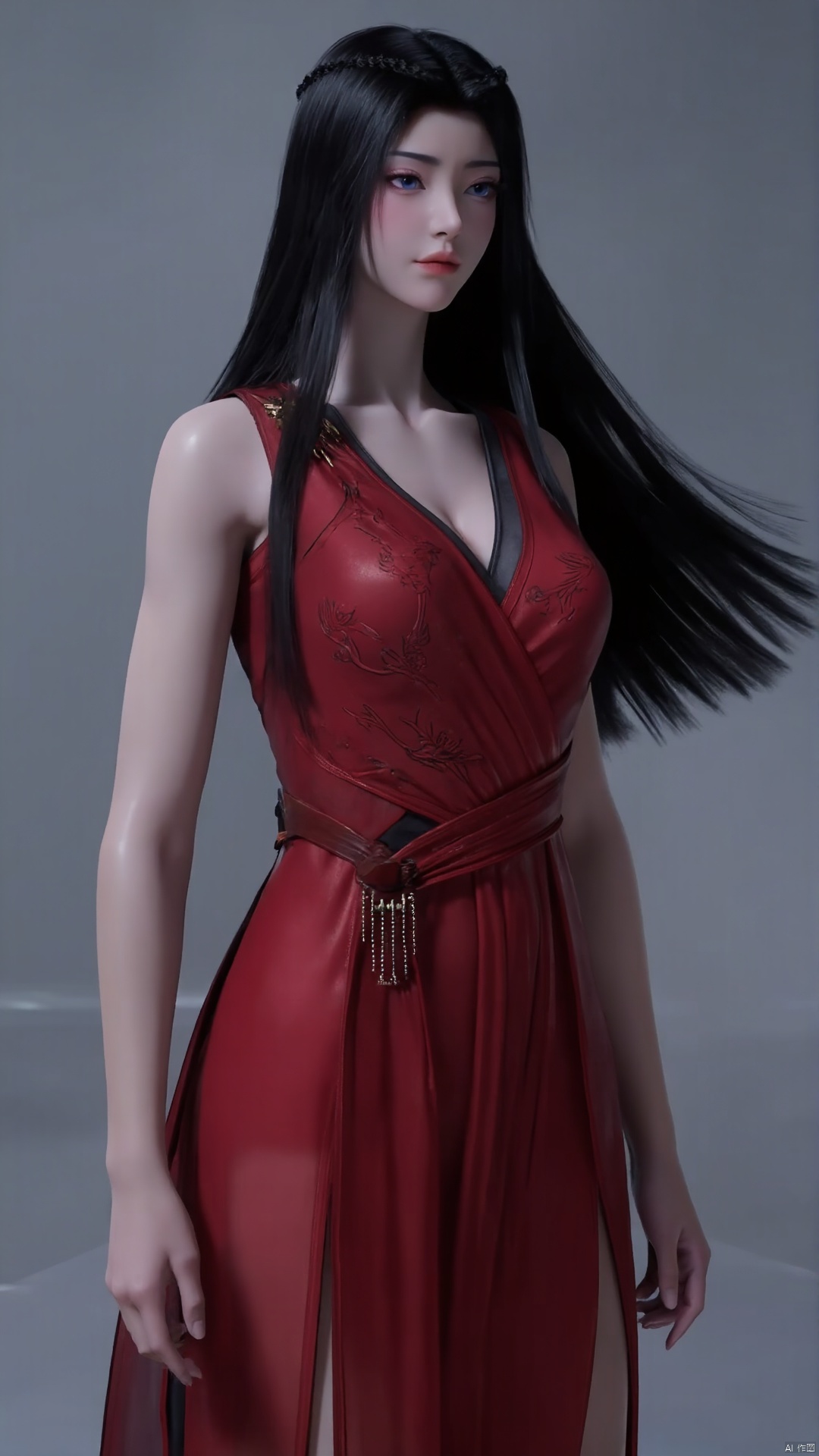A young woman with long, jet-black hair cascading down her back stands confidently in a crimson dress that accentuates her curves. Her piercing blue eyes sparkle as she holds a gleaming sword at her side, its hilt nestled between her breasts. The dress's sleeveless design showcases her toned arms and highlights the intricate Chinese-inspired patterns embroidered on the fabric.