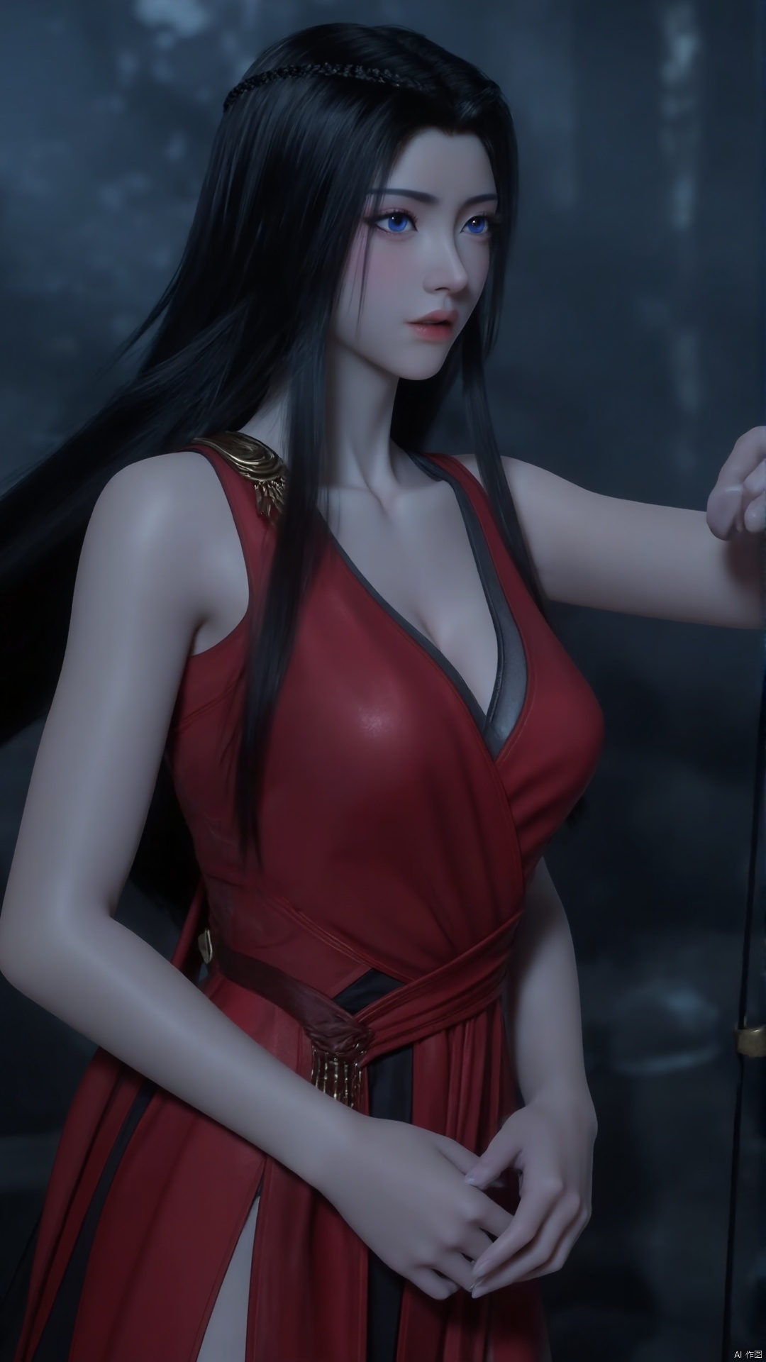 1girl, solo, black hair, dress, long hair, blue eyes, red dress, weapon, breasts, sword, cleavage, sleeveless, chinese clothes