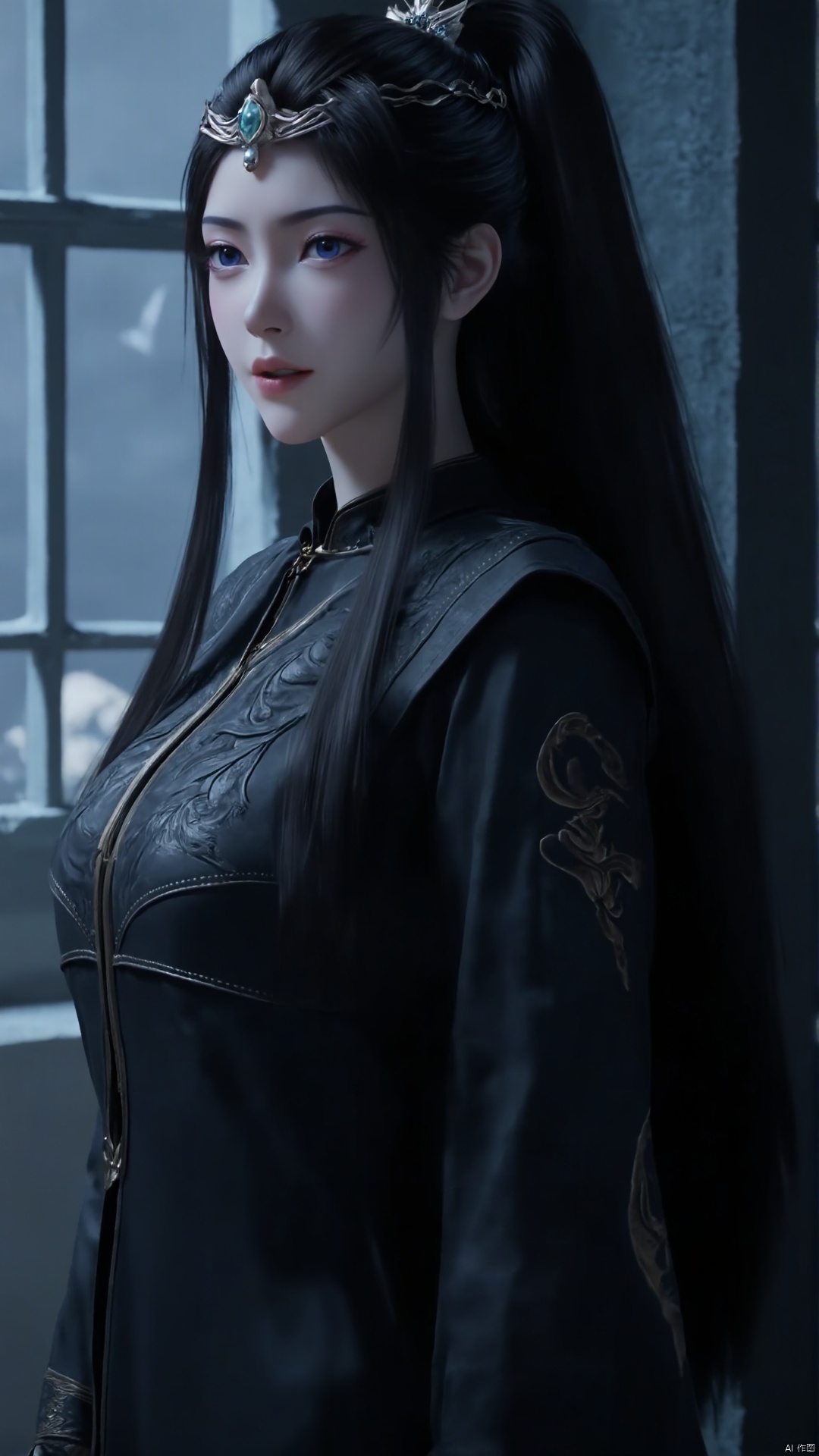 A young woman with striking blue eyes and long, raven-black hair styled in a sleek ponytail stands alone near a window, her gaze directed squarely at the viewer. She wears a stunning black Chinese-inspired dress with intricate details and long sleeves, adorned with a sparkling hair ornament that catches the light. Her expression is enigmatic, conveying a sense of mystery as she seems to hold the viewer's attention.
