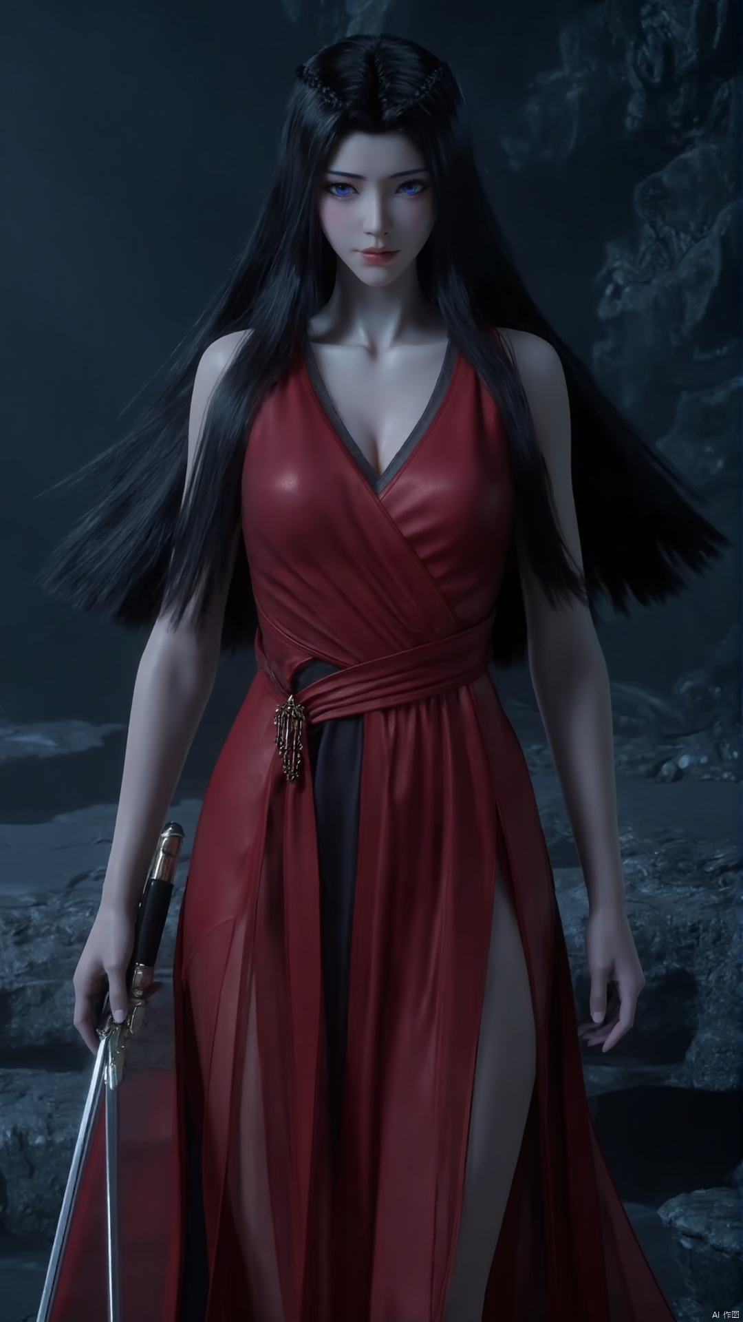 A young woman with striking black hair and piercing blue eyes stands confidently in a dramatic pose, her long locks flowing behind her like a dark waterfall. She wears a stunning red Chinese-inspired dress that showcases her toned physique, its sleeveless design highlighting her prominent breasts and emphasizing the curve of her cleavage. In her hand, she wields a gleaming sword, its metallic sheen catching the light as she holds it at the ready.