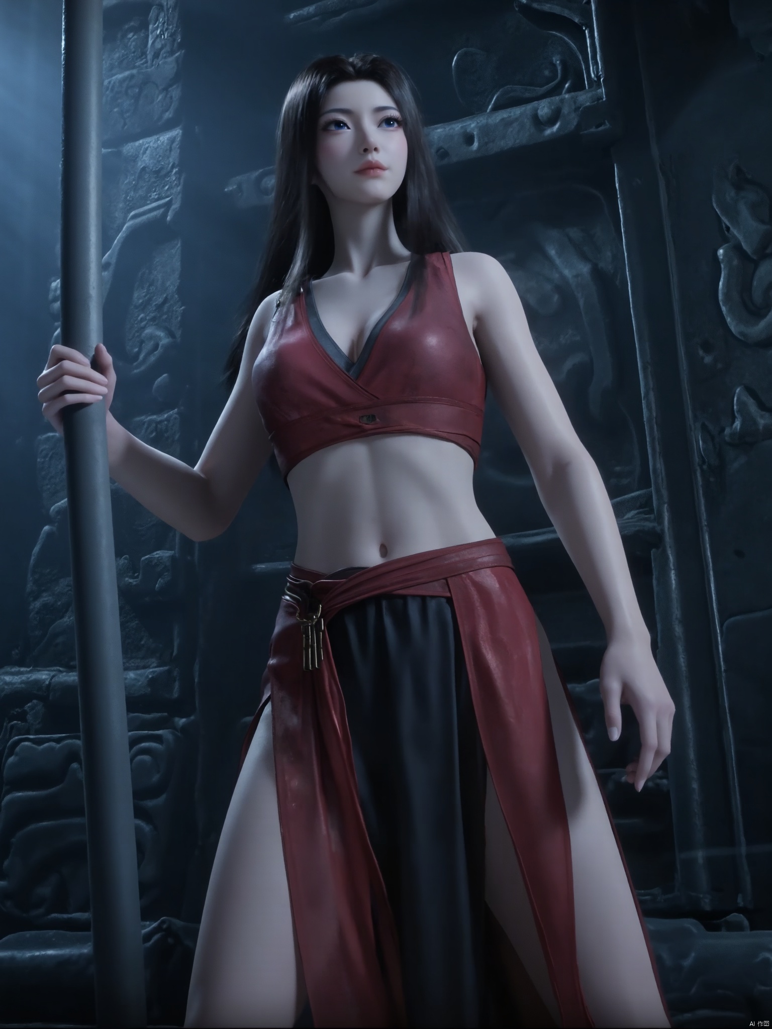 1girl, hip-covering skirt, holding on to the steel pipe, half body