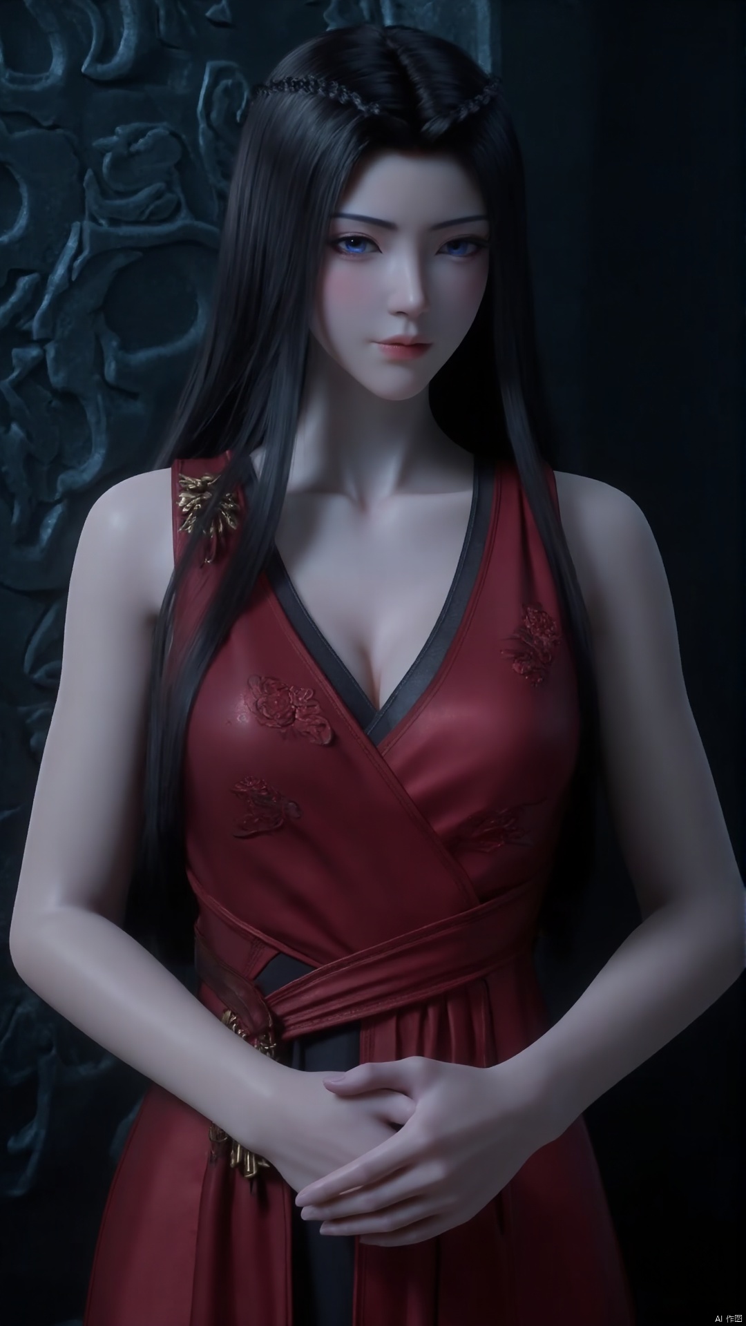 A young woman with long, jet-black hair cascading down her back stands confidently in a crimson dress that accentuates her curves. Her piercing blue eyes sparkle as she holds a gleaming sword at her side, its hilt nestled between her breasts. The dress's sleeveless design showcases her toned arms and highlights the intricate Chinese-inspired patterns embroidered on the fabric.