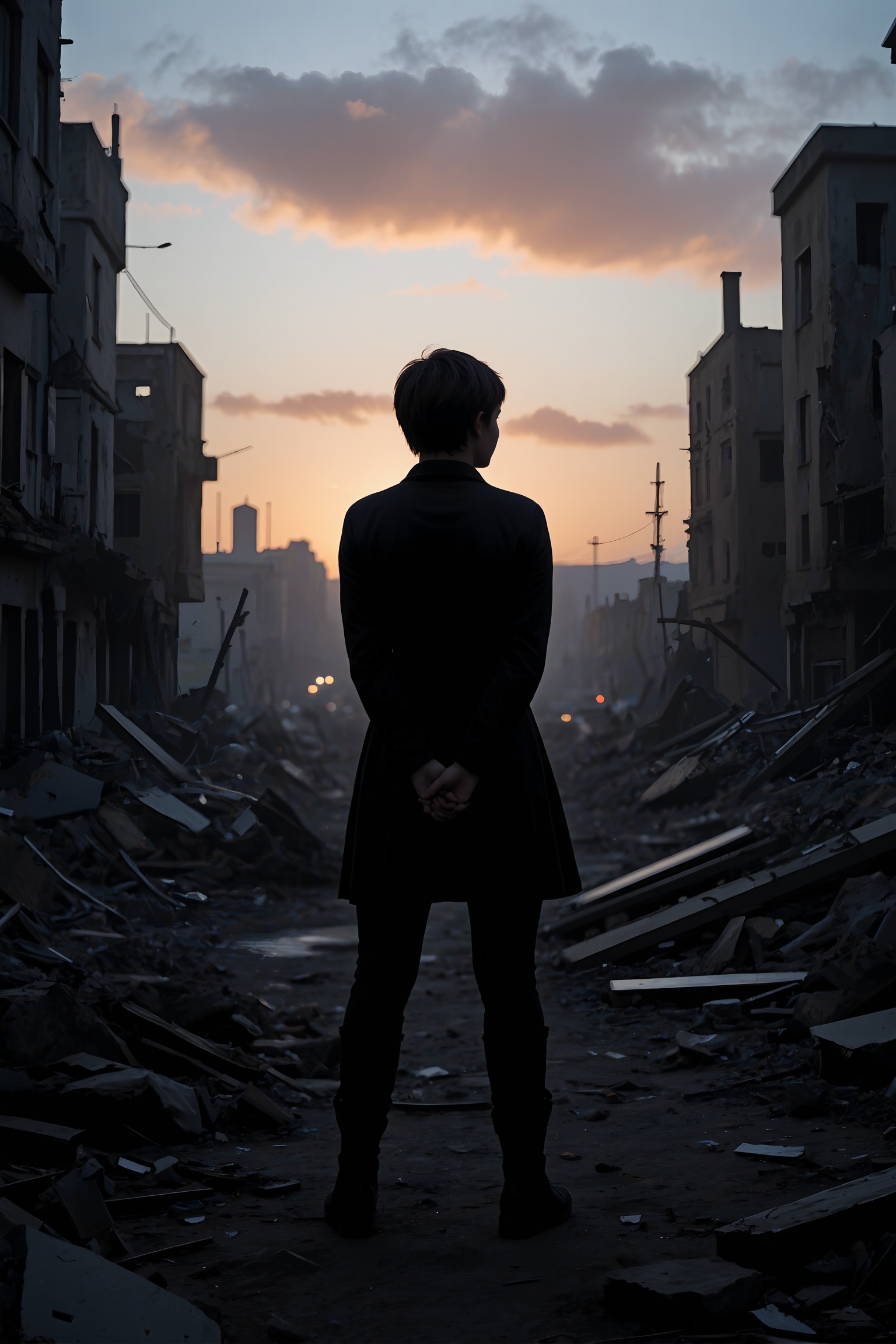 A woman with short hair stands amidst the ruins of a city,  her silhouette stark against the twilight sky. The scene is fr...