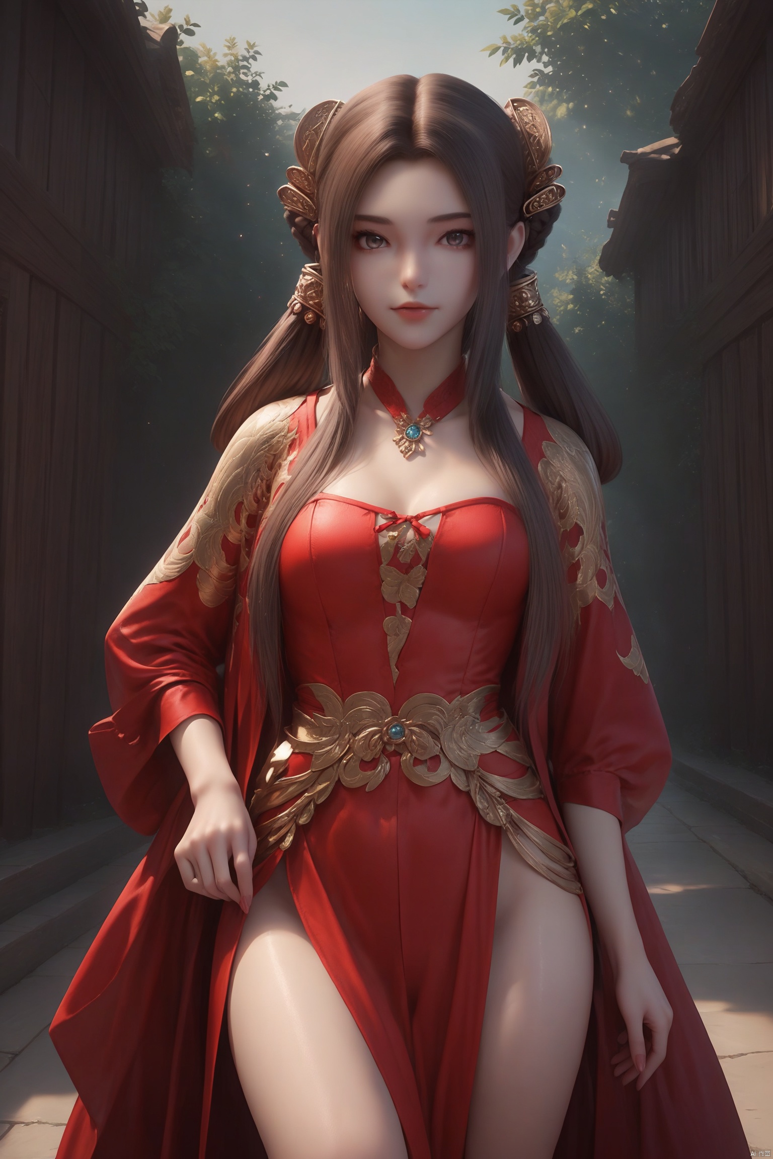 score_9,score_8_up,score_7_up,source_anime,1girl,28 years old, solo,looking at viewer, hair ornament,red dress, 