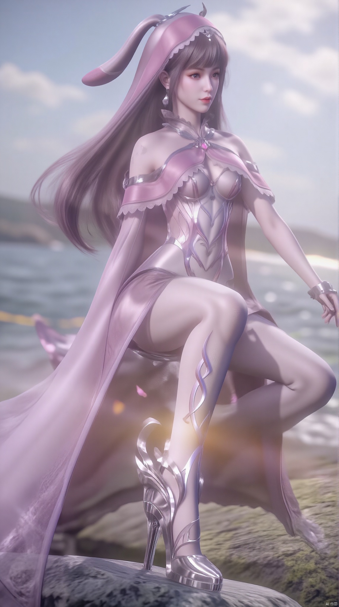 1 girl, long hair, breasts, viewer, headdress, navel, jewelry, swimsuit, wearing bikini, earrings, seaside, beach, petals, motorcycle, pink motorcycle, sitting on the body, seaside, legs, long legs , black hair,rabbit ears,Crystal clear shoes, high heels
