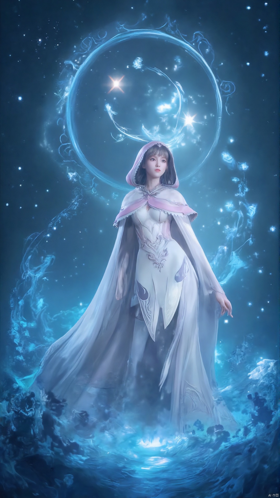 .A mysterious woman wearing a long white dress is suspended in the air surrounded by blue water elements and plants. Her posture is elegant and her expression is calm. She seems to be casting some kind of magic or power. The background is a starry sky and mysterious symbols. Fantasy and Mysterious atmosphere. Rich details and excellent light and shadow effects. Use cold tones and blue tones to enhance the sense of mystery. The female image is exquisite and has a magical style. The scene design is unique and full of imagination, rabbit ears,xwhd