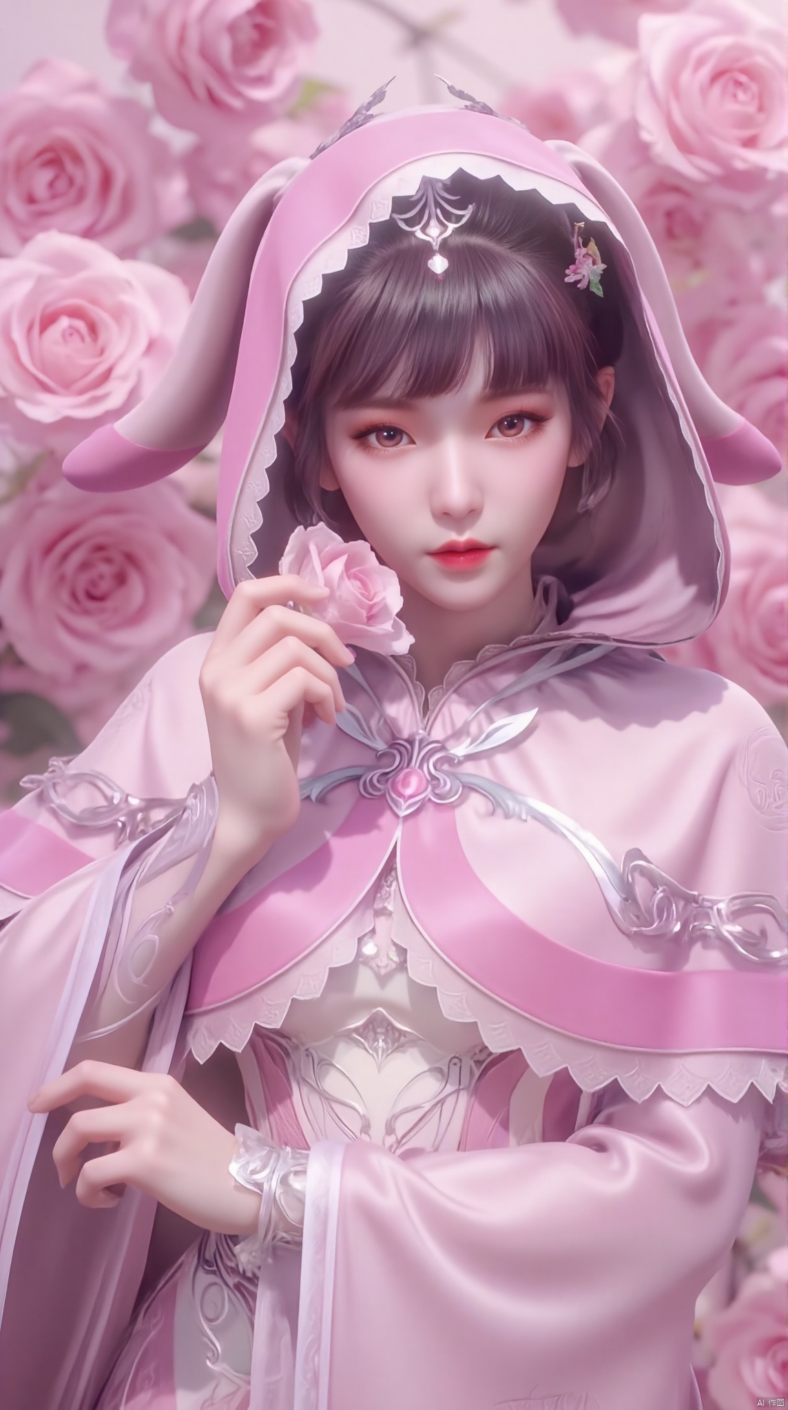 , cloak, whole body
 , - ancient beauty
   - Hanfu photo
   - Traditional Chinese clothing

   - Headwear: pearls, floral decorations
   - Clothing: Pink gauze long skirt, traditional Hanfu style
   - Background: Pink rose flower background, highlighting characters and decorations
   - Props: Holding a pink rose

   - Posture: leaning slightly sideways, holding the flower, caressing the flower
   - Expression: gentle, tranquil, with slightly melancholy eyes

   -Makeup: Exquisite antique makeup, highlighting eye makeup and lip color
   - Hair style: long hair, with bangs, decorated with flowers and pearls
   -Accessories: Gorgeous earrings to match the overall look

   - Mysterious and elegant atmosphere
   - Romantic flower fairy feeling
   - Highlight the contrast between the characters and the background to make the characters more eye-catching