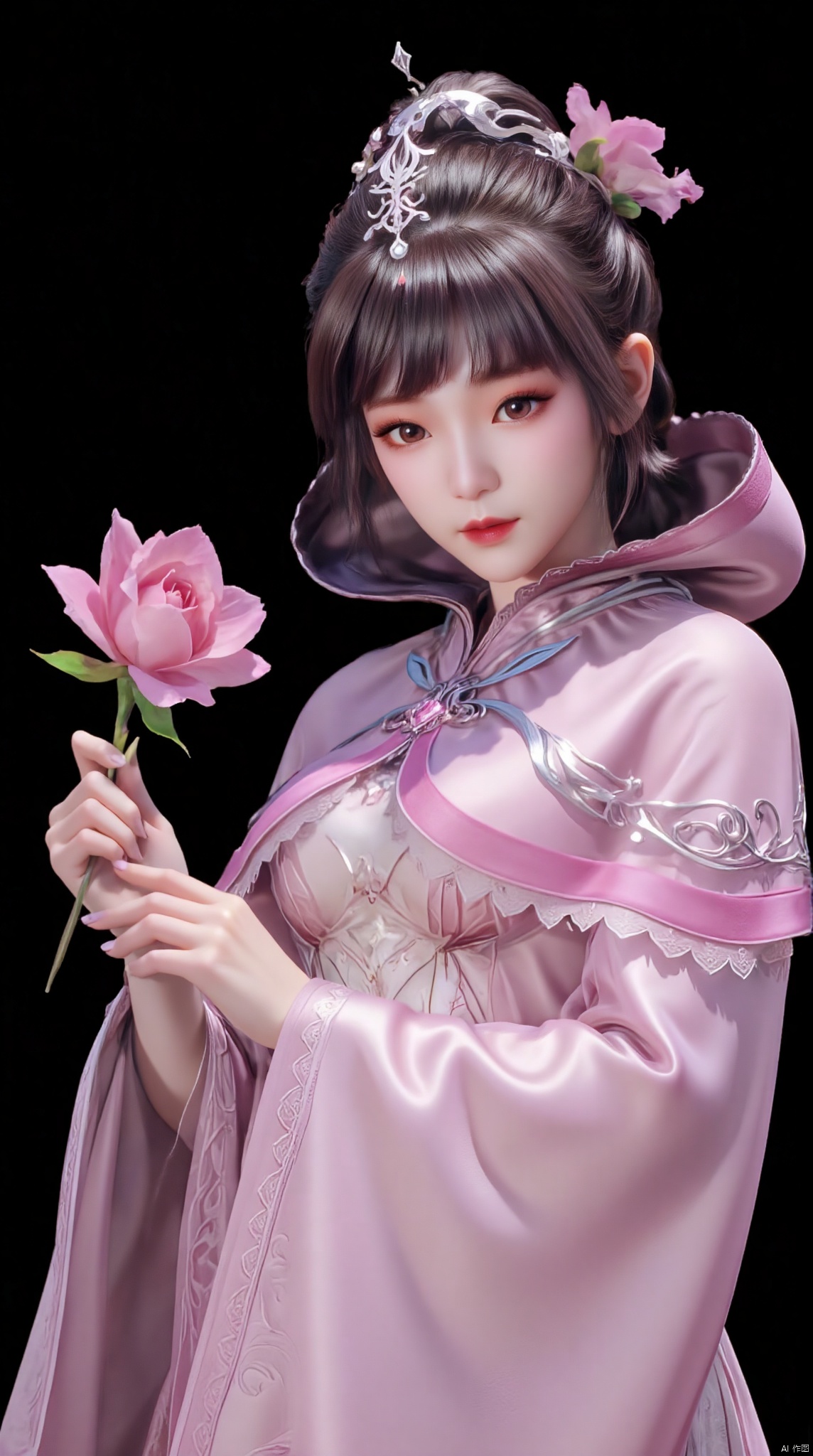 cloak
,-Ancient beauty
   - Hanfu photo
   - Traditional Chinese clothing

   - Headwear: pearls, floral decorations
   - Clothing: Pink gauze long skirt, traditional Hanfu style


   - Background: black background, highlighting characters and decorations
   - Props: holding pink flowers

   - Posture: leaning slightly sideways, holding the flower, caressing the flower
   - Expression: gentle, tranquil, with slightly melancholy eyes

   -Makeup: Exquisite antique makeup, highlighting eye makeup and lip color
   - Hair style: long hair, with bangs, decorated with flowers and pearls
   -Accessories: Gorgeous earrings to match the overall look

   - Mysterious and elegant atmosphere
   - Romantic flower fairy feeling
   - Highlight the contrast between the characters and the background to make the characters more eye-catching,gl03