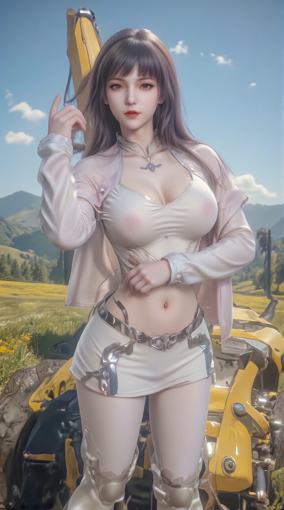 "A confident female construction worker operates a large yellow excavator in an open field. She wears a form-fitting white crop top that exposes her midriff and white leggings that fit snugly around her toned legs. A pair of sturdy yellow work boots. She tied her long brown hair into a ponytail and wore a pair of aviator sunglasses as the sun hung high in the clear blue sky. , giving the whole scene a warm glow. The excavator's bucket is raised and the robotic arm is stretched out, as if the woman is performing a task. The fields around her are lush and green, with wild flowers scattered in the distance. There are rolling hills and the shadow of a forest. The painting should capture the strength and ability of the woman, as well as the beauty of the environment in which she works.",ponytail holder,ponytail,rabbit ears