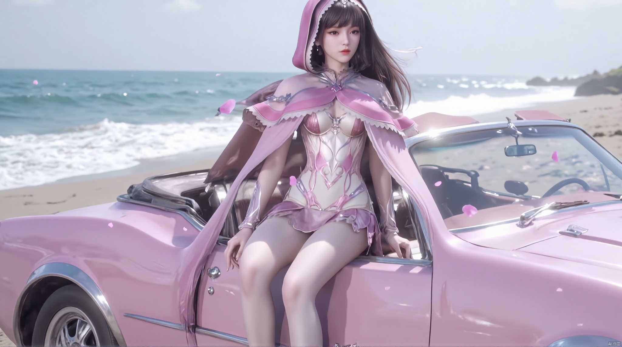 1 girl, long hair, breasts, viewer, headdress, navel, jewelry, swimsuit, wearing bikini, earrings, seaside, beach, petals, roadster, pink roadster, sitting on car, seaside, legs, long legs , black hair,