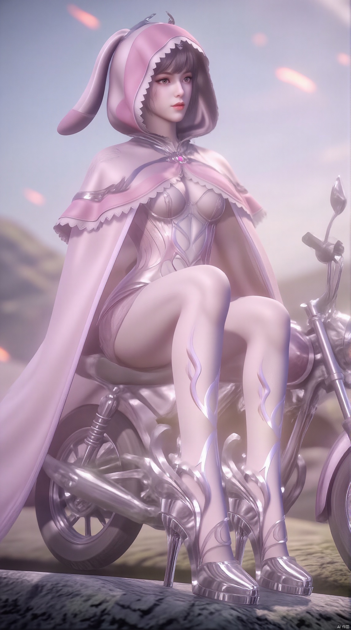 1 girl, long hair, breasts, viewer, headdress, navel, jewelry, swimsuit, wearing bikini, earrings, seaside, beach, petals, motorcycle, pink motorcycle, sitting on the body, seaside, legs, long legs , black hair,rabbit ears,Crystal clear shoes, high heels