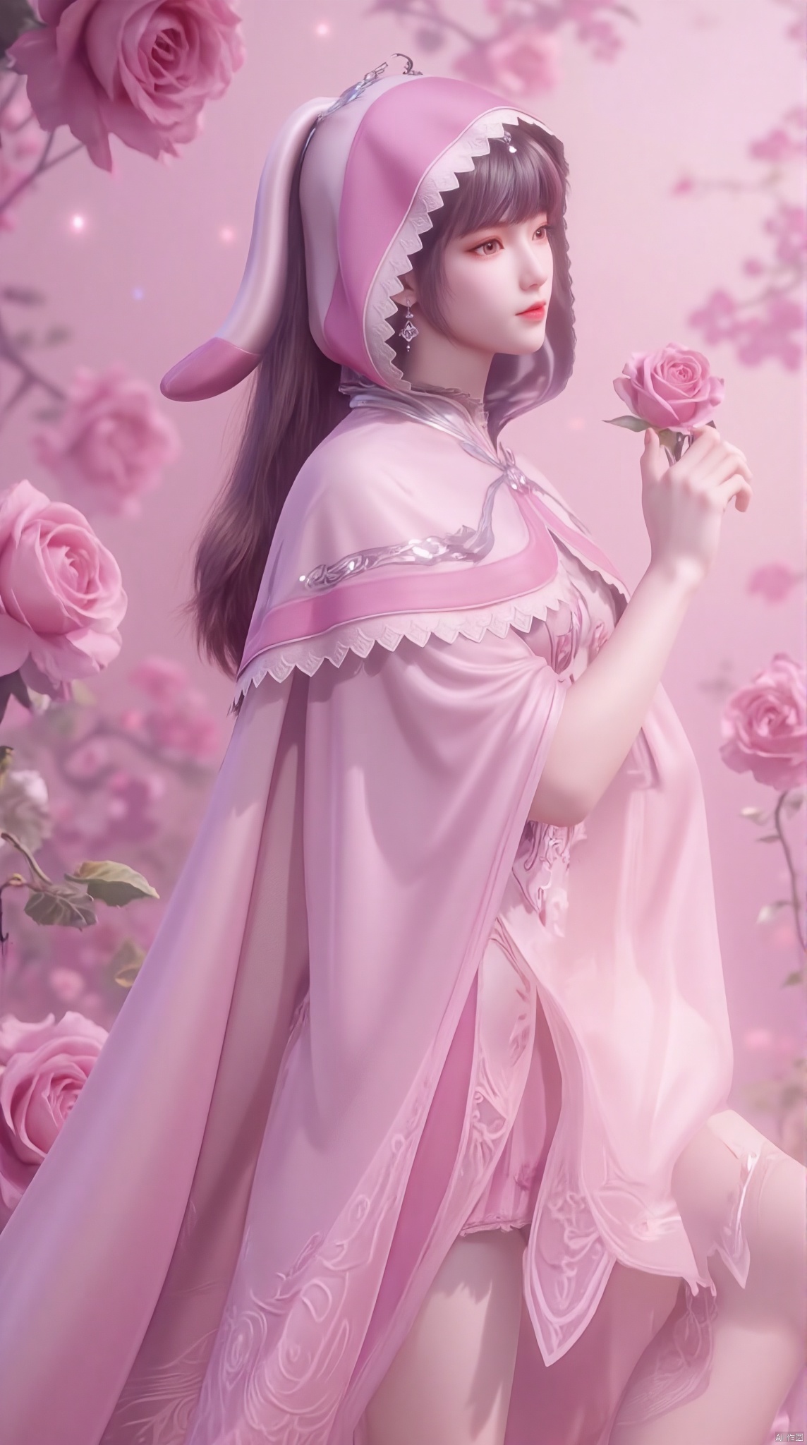 , cloak, whole body,full body,long legs,bare legs
 , - ancient beauty
   - Hanfu photo
   - Traditional Chinese clothing

   - Headwear: pearls, floral decorations
   - Clothing: Pink gauze long skirt, traditional Hanfu style
   - Background: Pink rose flower background, highlighting characters and decorations
   - Props: Holding a pink rose

   - Posture: leaning slightly sideways, holding the flower, caressing the flower
   - Expression: gentle, tranquil, with slightly melancholy eyes

   -Makeup: Exquisite antique makeup, highlighting eye makeup and lip color
   - Hair style: long hair, with bangs, decorated with flowers and pearls
   -Accessories: Gorgeous earrings to match the overall look

   - Mysterious and elegant atmosphere
   - Romantic flower fairy feeling
   - Highlight the contrast between the characters and the background to make the characters more eye-catching