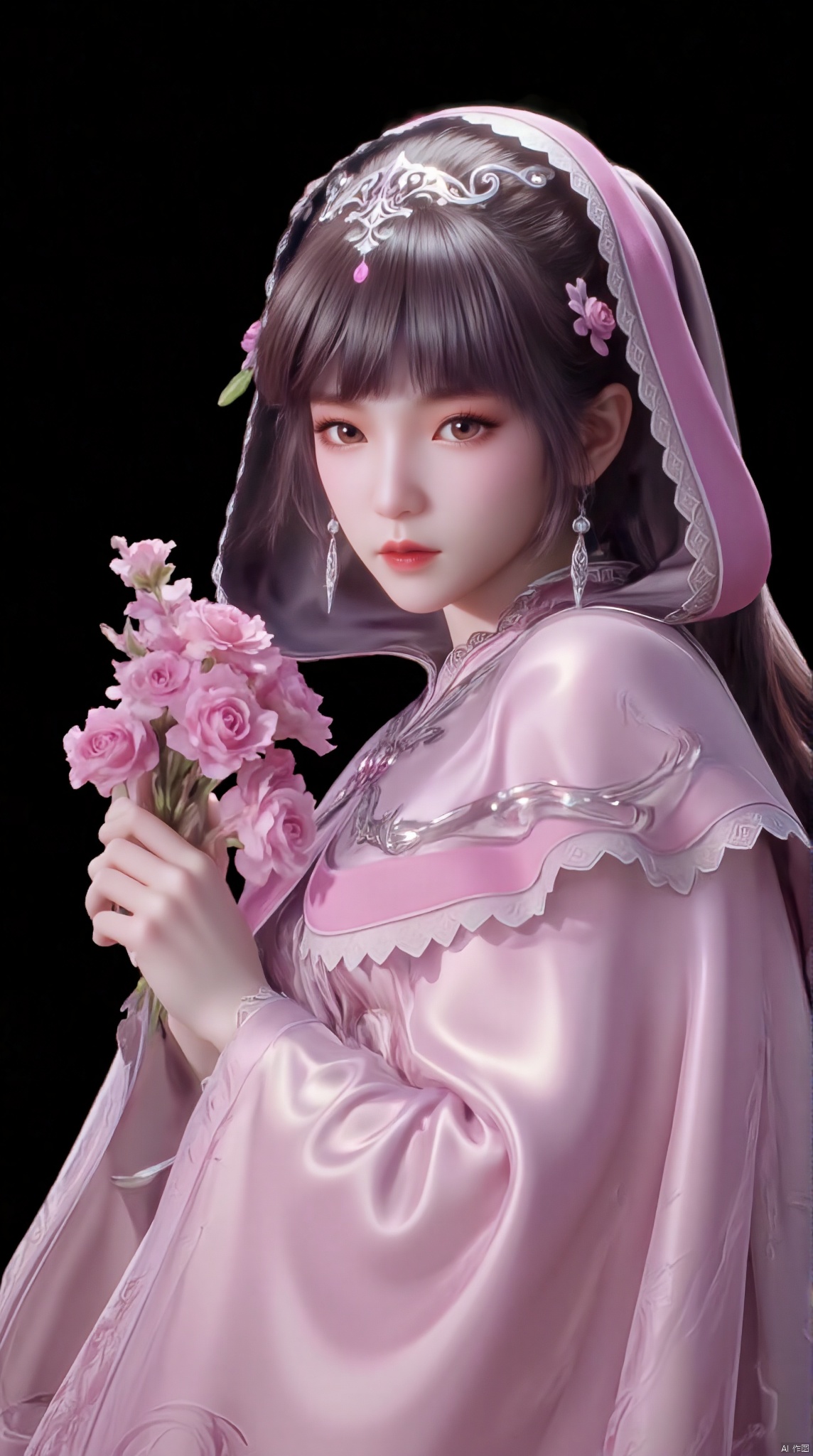 cloak
,-Ancient beauty
   - Hanfu photo
   - Traditional Chinese clothing

   - Headwear: pearls, floral decorations
   - Clothing: Pink gauze long skirt, traditional Hanfu style
   - Background: black background, highlighting characters and decorations
   - Props: holding pink flowers

   - Posture: leaning slightly sideways, holding the flower, caressing the flower
   - Expression: gentle, tranquil, with slightly melancholy eyes

   -Makeup: Exquisite antique makeup, highlighting eye makeup and lip color
   - Hair style: long hair, with bangs, decorated with flowers and pearls
   -Accessories: Gorgeous earrings to match the overall look

   - Mysterious and elegant atmosphere
   - Romantic flower fairy feeling
   - Highlight the contrast between the characters and the background to make the characters more eye-catching