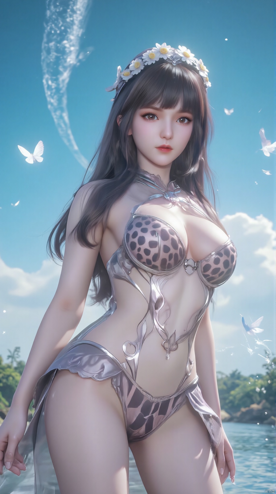 A young woman stands on a crystal clear lake wearing a leopard print bikini, leopard print bikini, bikini, bikini briefs, bikini top, leopard print. She has black hair and is wearing a wreath of daisies, with a blue starry sky in the background. The lake is covered with a sea of ​​flowers including blue daisies. The sky was bright blue and the sun cast bright shadows on the water. The overall style is fashionable and young. ," Swarms of butterflies flying around