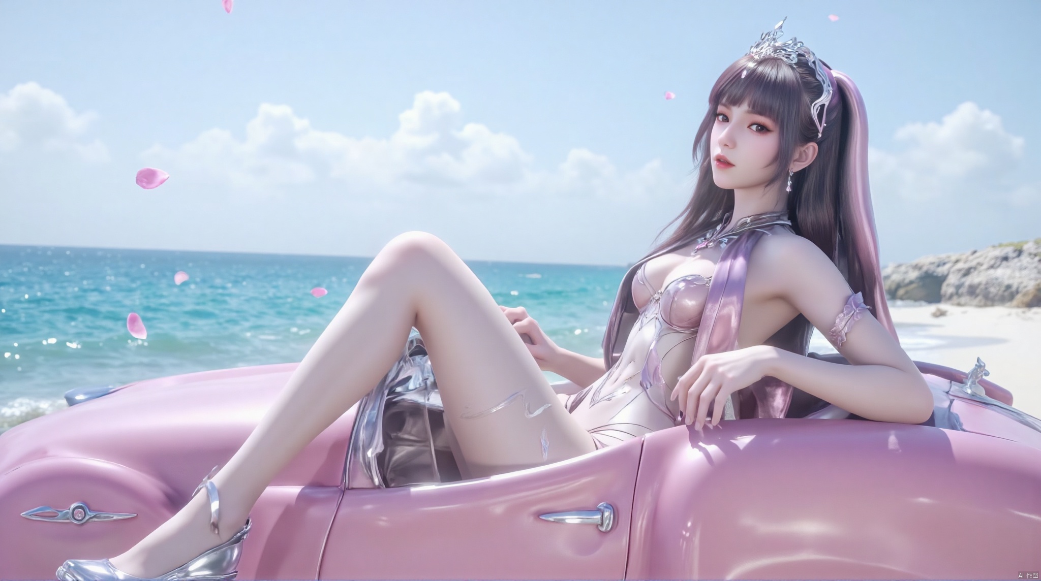 1 girl, long hair, breasts, viewer, headdress, navel, jewelry, swimsuit, wearing bikini, earrings, seaside, beach, petals, roadster, pink roadster, sitting on car, seaside, legs, long legs , black hair,
