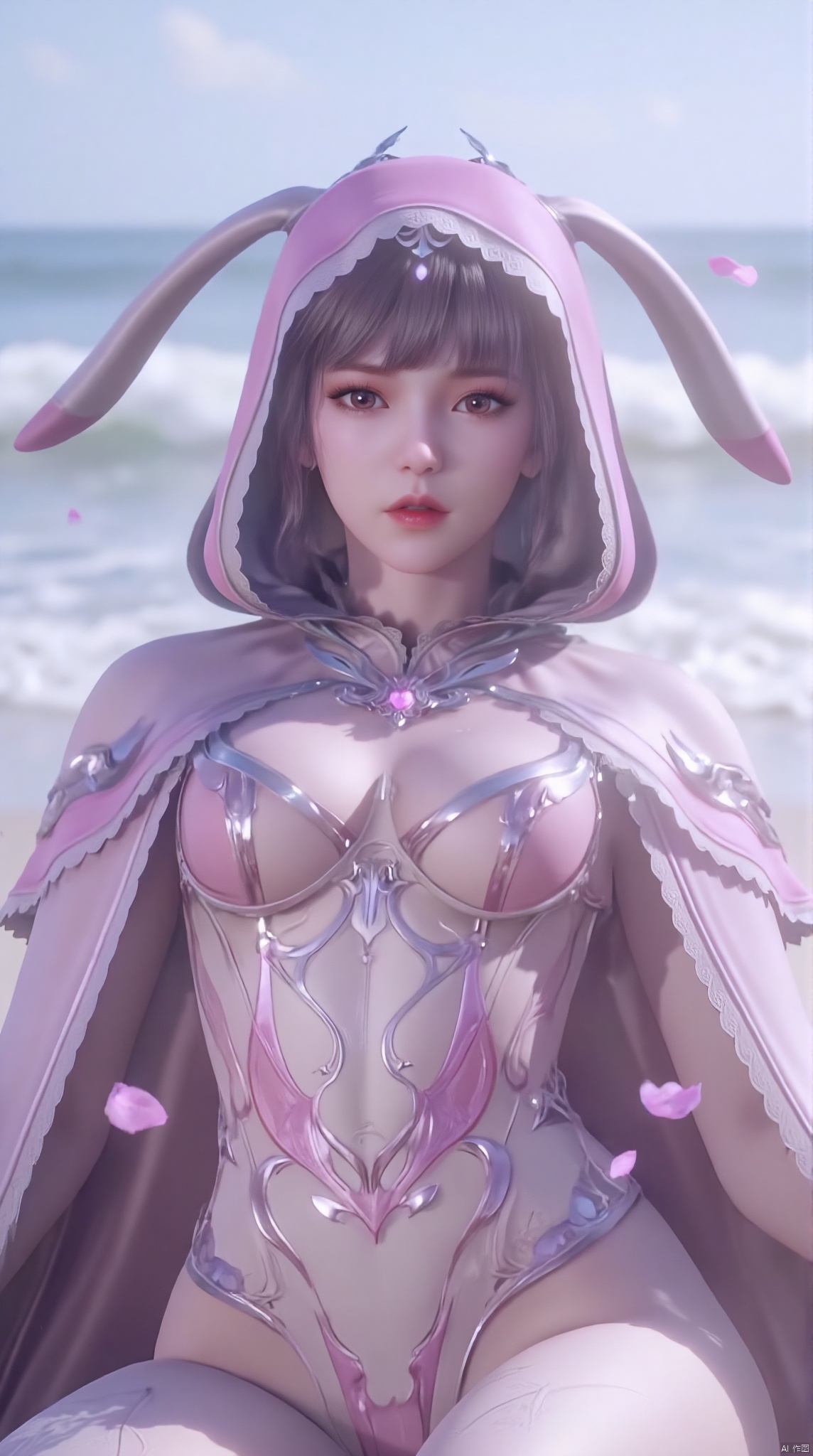 1 girl, long hair, breasts, viewer, headdress, navel, jewelry, swimsuit, wearing bikini, earrings, seaside, beach, petals, motorcycle, pink motorcycle, sitting on the body, seaside, legs, long legs , black hair,rabbit ears