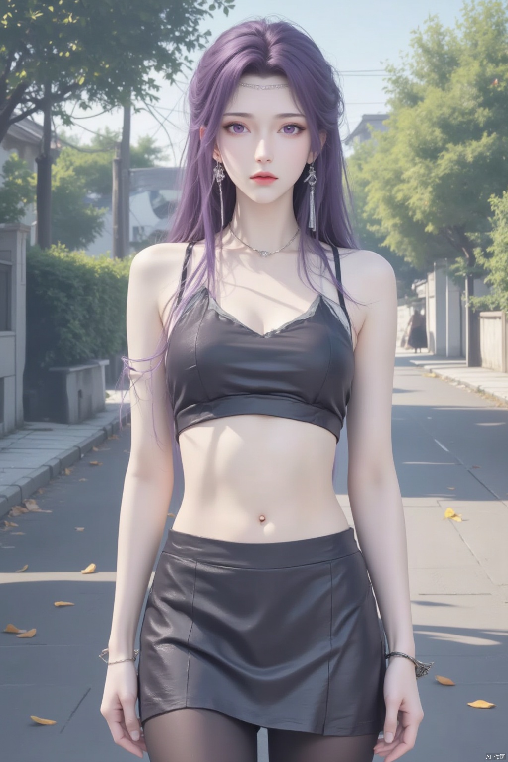 1girl, solo, long hair, breasts, looking at viewer, skirt, navel, cleavage, jewelry, standing, purple eyes, purple hair, pantyhose, earrings, outdoors, midriff, bracelet, tree, black pantyhose, road, street