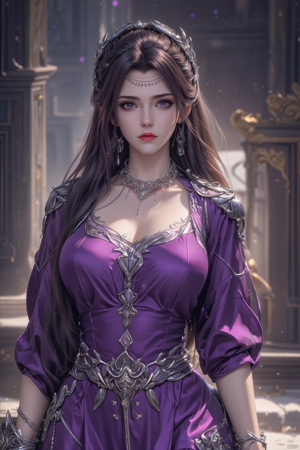 1girl, solo, long hair, breasts, looking at viewer, large breasts, brown hair, hair ornament, dress, holding, cleavage, jewelry, standing, purple eyes, weapon, cowboy shot, earrings, shiny, sword, holding weapon, bracelet, purple dress