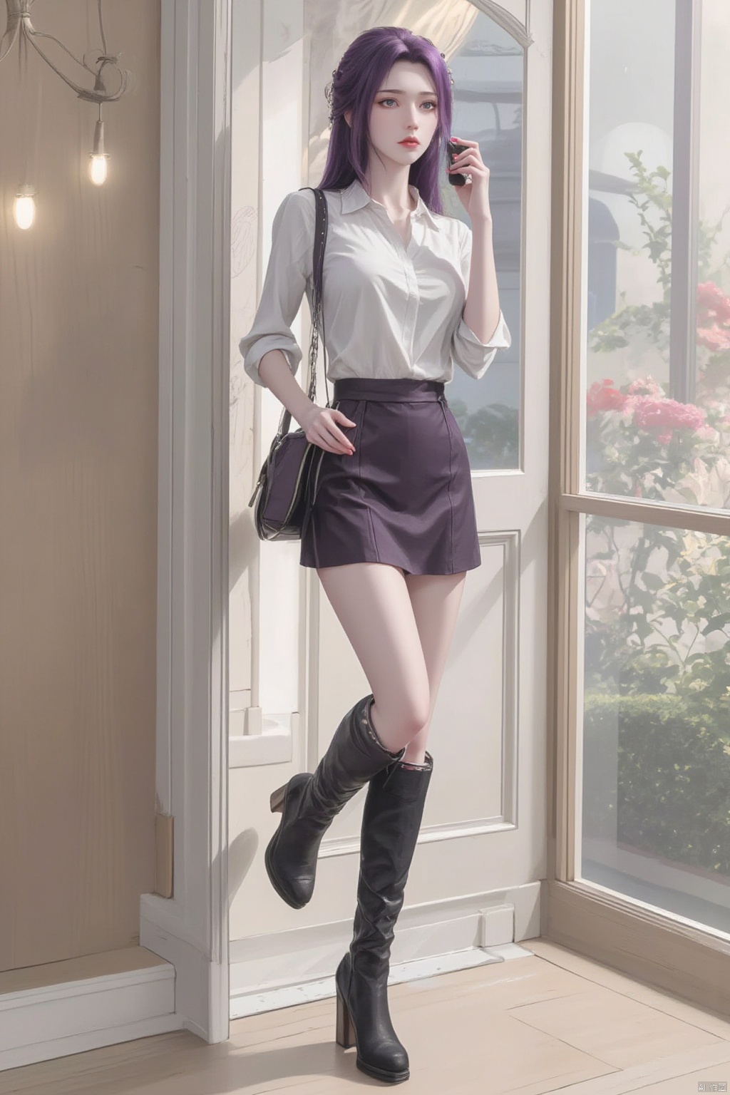 1girl, solo, long hair, looking at viewer, skirt, shirt, purple hair, standing, white shirt, boots, indoors, bag, black footwear, high heels, see-through, window, phone, standing on one leg, knee boots, high heel boots