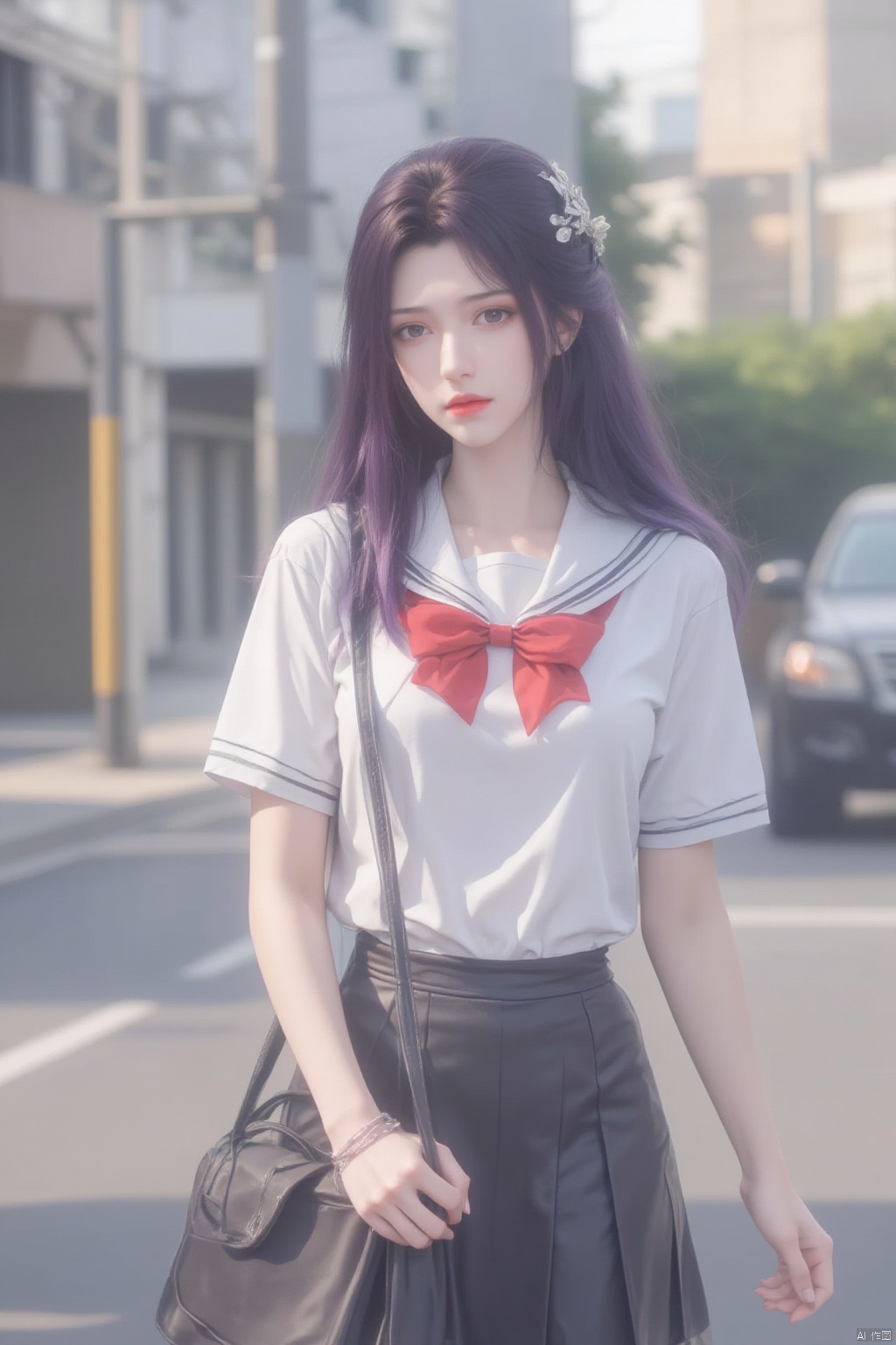 1girl, solo, long hair, looking at viewer, skirt,  shirt, black hair, bow, brown eyes, jewelry, school uniform, standing, white shirt, short sleeves, pleated skirt, outdoors, serafuku, day, bowtie, black skirt, sailor collar, bag, blurry, red bow, bracelet, lips, head tilt, depth of field, blurry background, ground vehicle, red bowtie, motor vehicle, car, street,purple hair