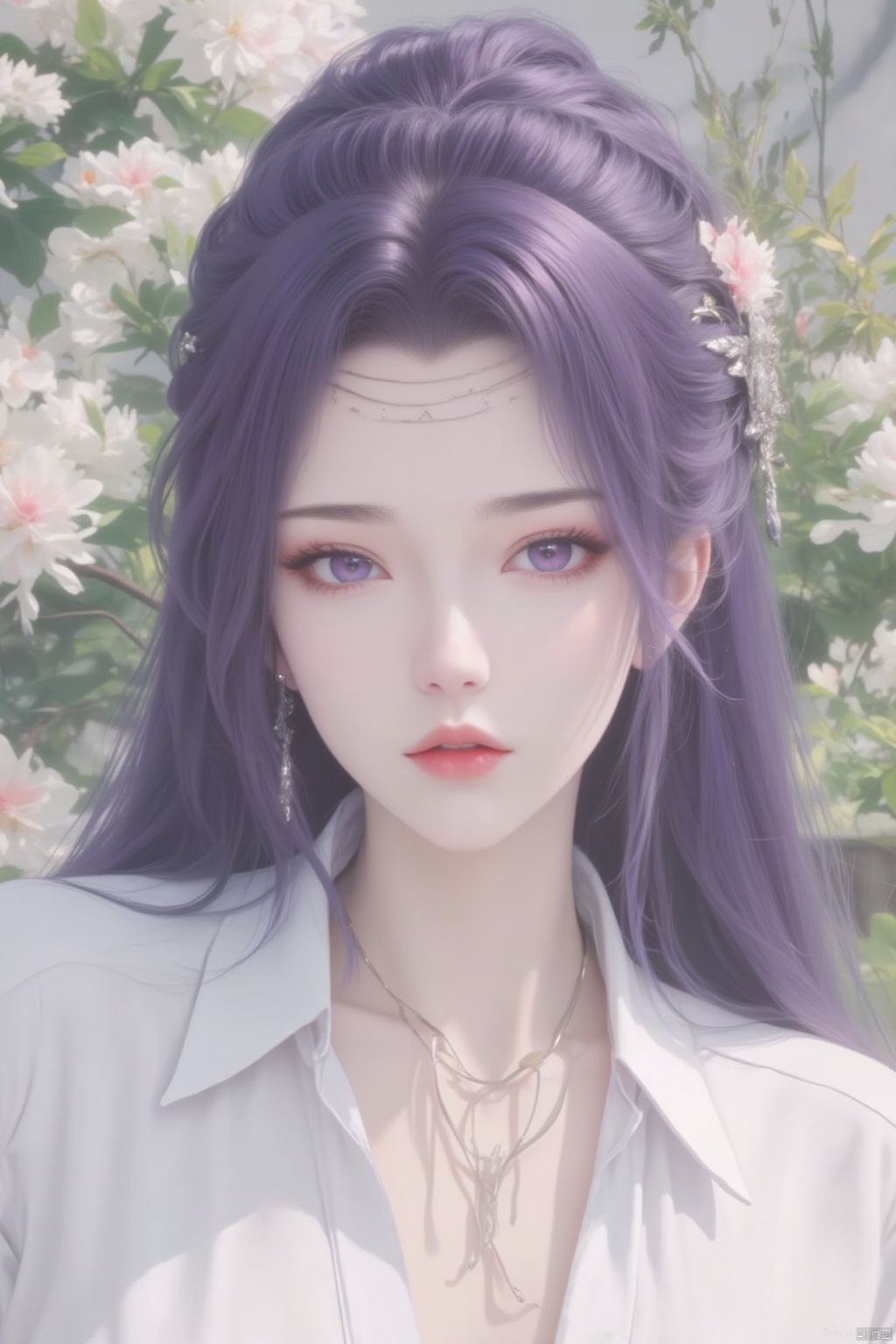 1girl, solo, long hair, breasts, large breasts, shirt, long sleeves, jewelry, purple eyes, white shirt, upper body, purple hair, flower, outdoors, necklace, lips, plant, half updo