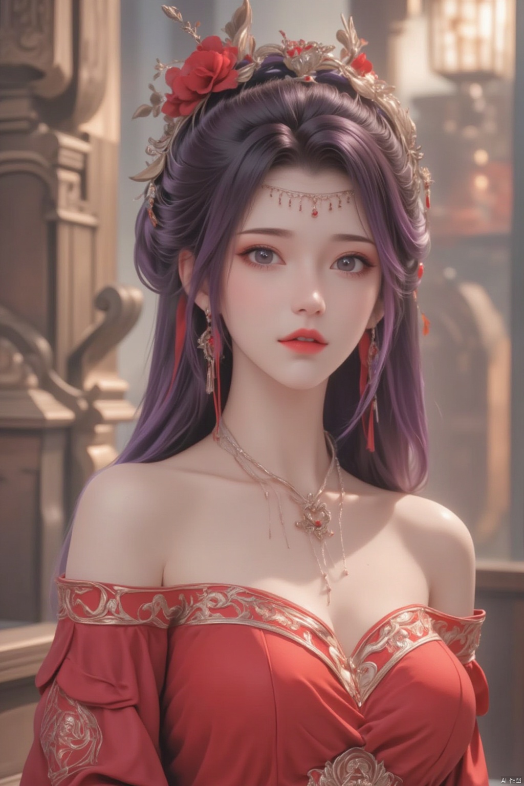 1girl, solo, long hair, breasts, looking at viewer, black hair, hair ornament, dress, bare shoulders, jewelry, upper body, flower, earrings, off shoulder, blurry, book, makeup, red dress, red lips,起风了古风,chinese clothes,云韵Flux2.0,purple hair