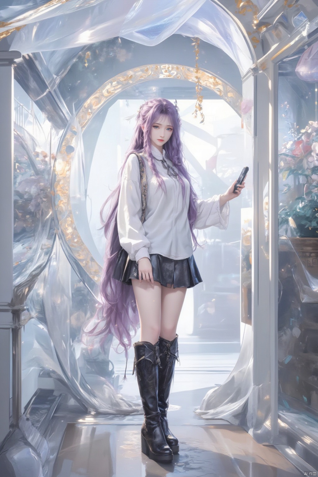 1girl, solo, long hair, looking at viewer, skirt, shirt, purple hair, standing, white shirt, boots, indoors, bag, black footwear, high heels, see-through, window, phone, standing on one leg, knee boots, high heel boots
