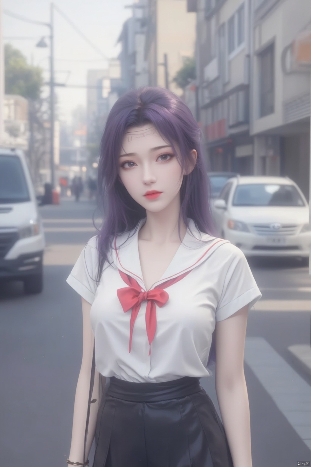 1girl, solo, long hair, looking at viewer, skirt,  shirt, black hair, bow, brown eyes, jewelry, school uniform, standing, white shirt, short sleeves, pleated skirt, outdoors, serafuku, day, bowtie, black skirt, sailor collar, bag, blurry, red bow, bracelet, lips, head tilt, depth of field, blurry background, ground vehicle, red bowtie, motor vehicle, car, street,purple hair