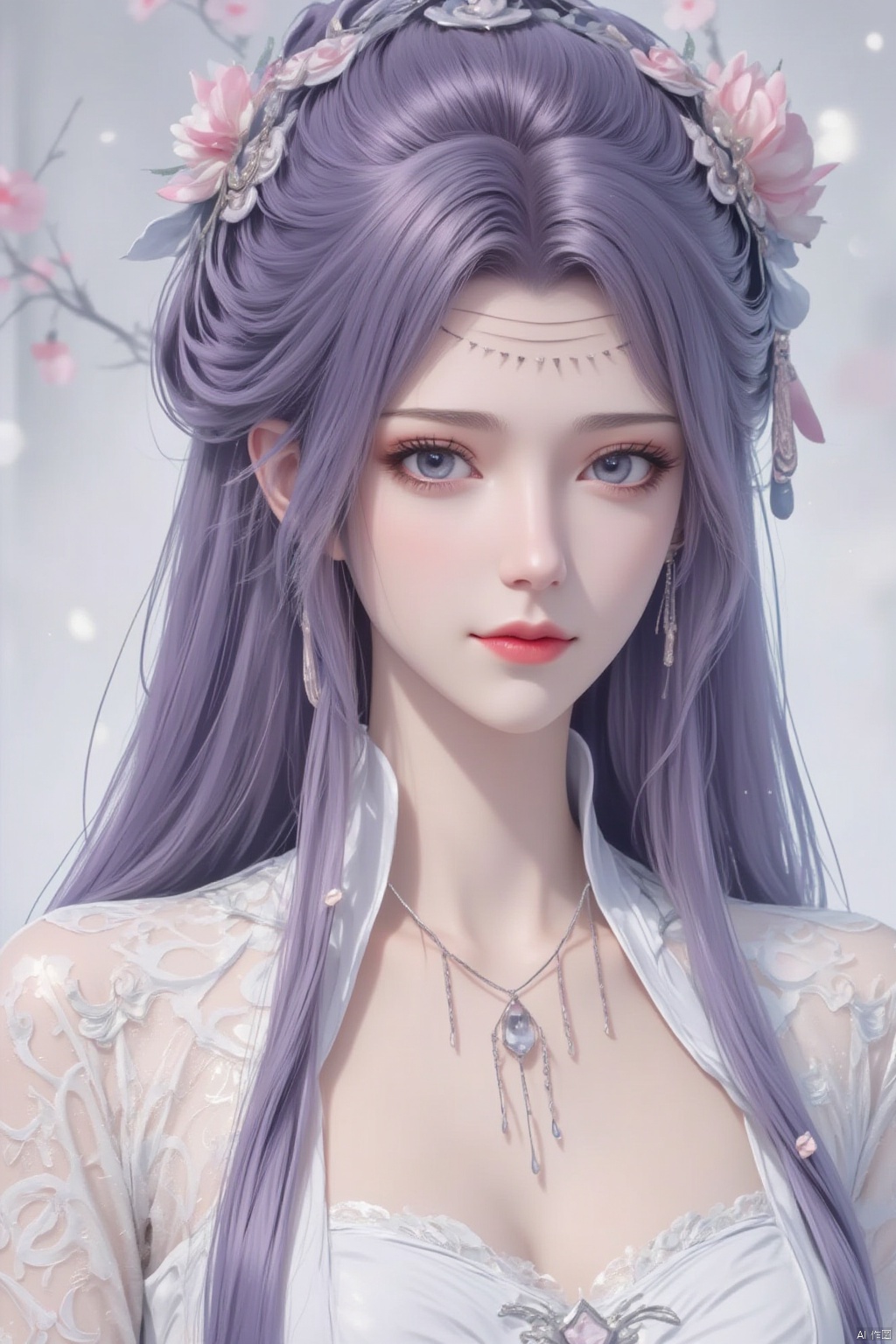 1girl, solo, long hair, looking at viewer, smile, hair ornament, dress, jewelry, upper body, purple hair, flower, earrings, hair bun, white dress, clothing cutout, facial mark, forehead mark