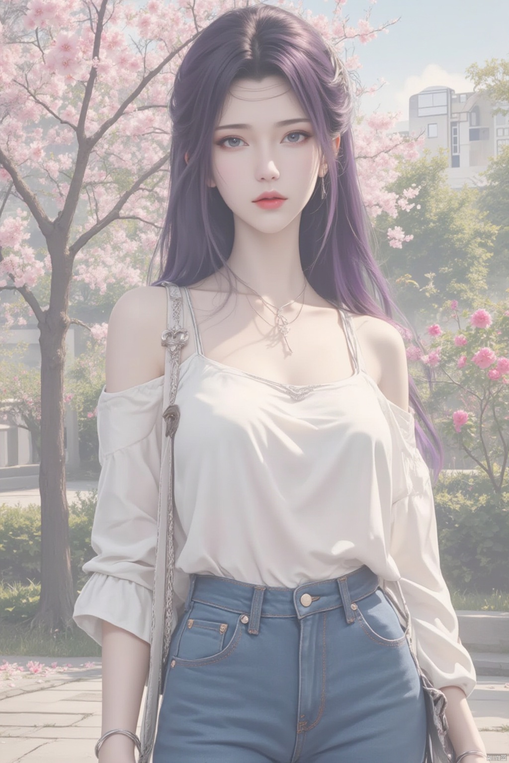 1girl, solo, long hair, shirt, black hair, holding, jewelry, standing, white shirt, purple hair, flower, outdoors, day, pants, necklace, off shoulder, bag, bracelet, tree, lips, petals, denim, cherry blossoms, building, pink flower, jeans, handbag