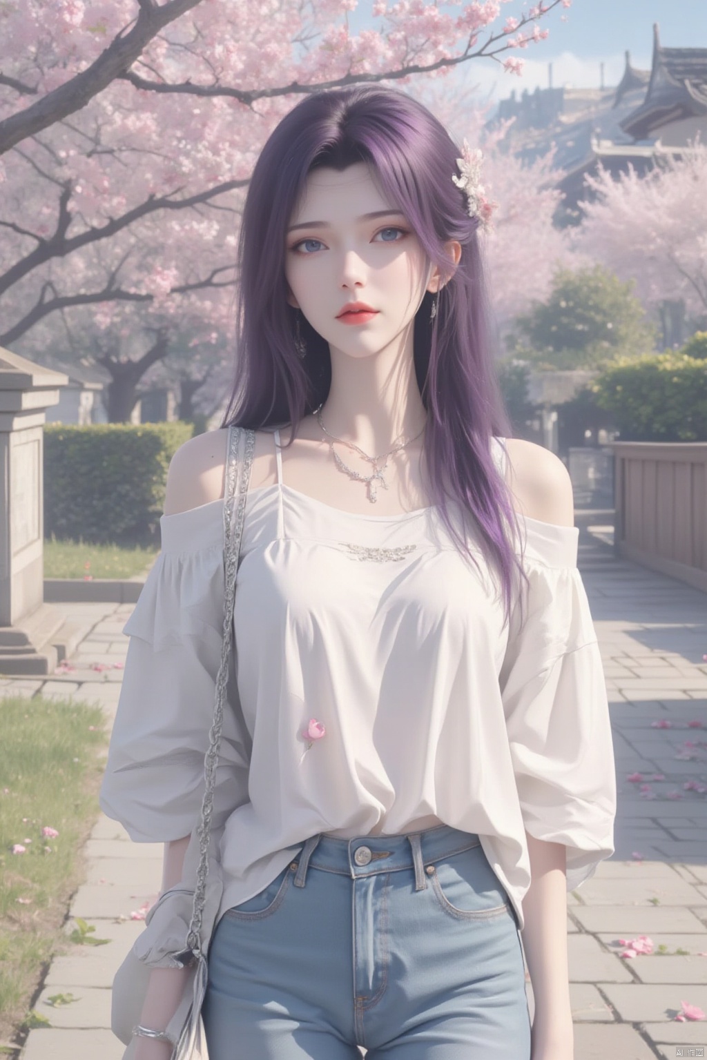 1girl, solo, long hair, shirt, black hair, holding, jewelry, standing, white shirt, purple hair, flower, outdoors, day, pants, necklace, off shoulder, bag, bracelet, tree, lips, petals, denim, cherry blossoms, building, pink flower, jeans, handbag