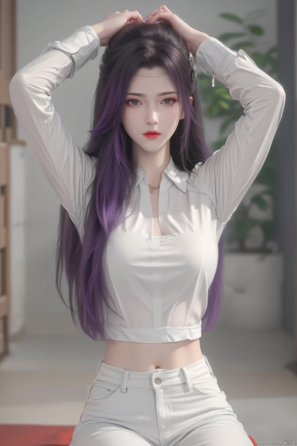 1girl, long hair, breasts, shirt, black hair, jewelry, sitting, white shirt, solo focus, pants, indoors, blurry, arms up, lips, phone, cellphone, smartphone, white pants,purple hair