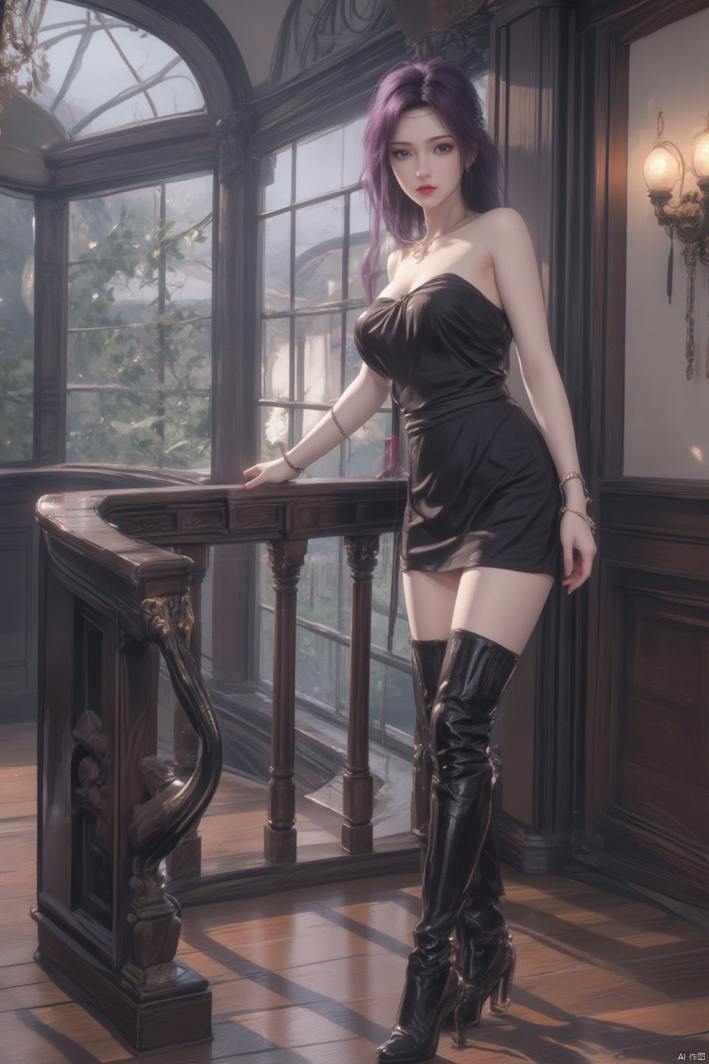 1girl, solo, breasts, looking at viewer, bangs, , thighhighs, bare shoulders, jewelry, standing, full body, ass, boots, shorts, indoors, medium hair, black footwear, black dress, high heels, bracelet, window, strapless, leaning forward, thigh boots, knee boots, high heel boots, stairs, realistic, railing, red lips, ladder,purple hair