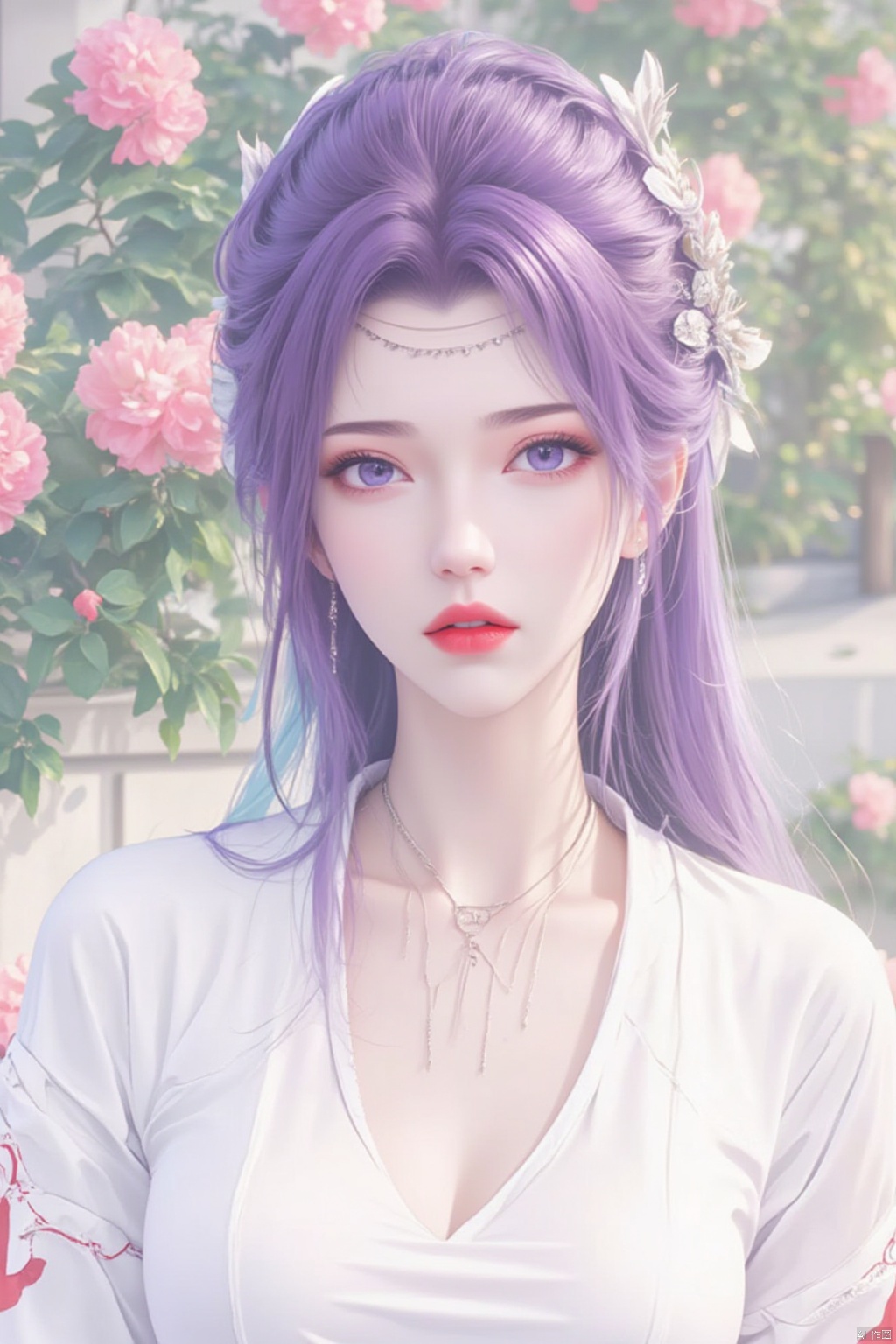 1girl, solo, long hair, breasts, large breasts, shirt, long sleeves, jewelry, purple eyes, white shirt, upper body, purple hair, flower, outdoors, necklace, lips, plant, half updo