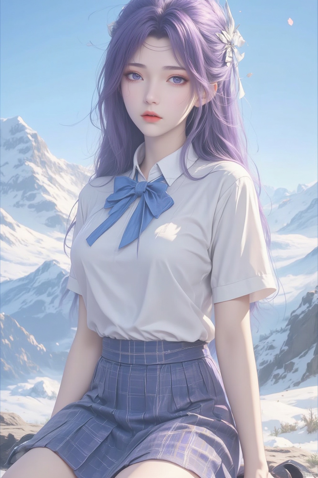 1girl, solo, long hair, looking at viewer, skirt, shirt, bow, ribbon, sitting, school uniform, purple eyes, full body, hair ribbon, white shirt, purple hair, short sleeves, pleated skirt, outdoors, sky, shoes, day, socks, collared shirt, bowtie, black footwear, blue sky, blue skirt, plaid, blue bow, plaid skirt, white socks, loafers, mountain, blue bowtie