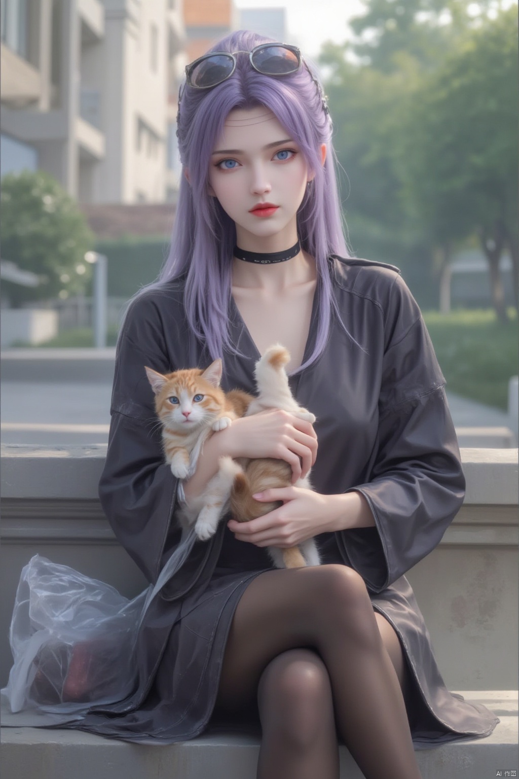 1girl, solo, long hair, looking at viewer, blue eyes, skirt, hair ornament, long sleeves, holding, sitting, jacket, purple hair, pantyhose, outdoors, choker, black skirt, blurry, black jacket, black pantyhose, blurry background, animal, black choker, cat, sunglasses, crossed legs, eyewear on head, red lips, bench, holding animal, aviator sunglasses