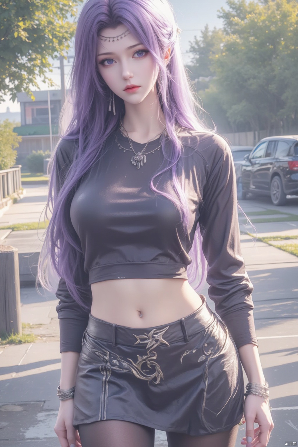 1girl, solo, long hair, breasts, looking at viewer, skirt, navel, cleavage, jewelry, standing, purple eyes, purple hair, pantyhose, earrings, outdoors, midriff, bracelet, tree, black pantyhose, road, street