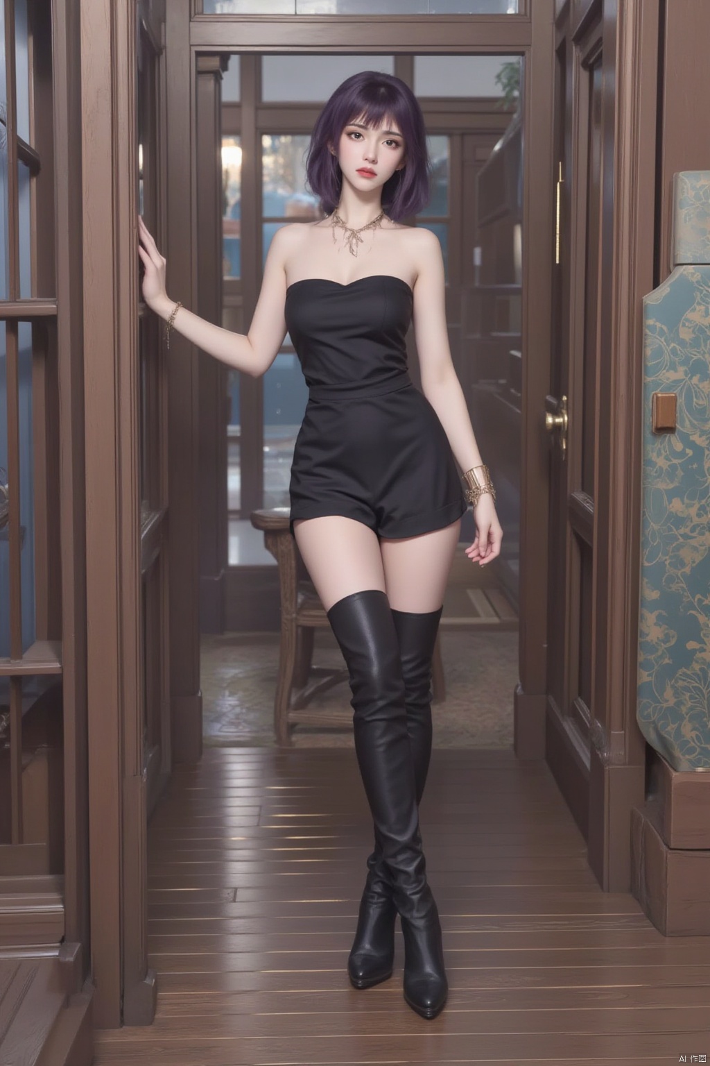 1girl, solo, breasts, looking at viewer, bangs, , thighhighs, bare shoulders, jewelry, standing, full body, ass, boots, shorts, indoors, medium hair, black footwear, black dress, high heels, bracelet, window, strapless, leaning forward, thigh boots, knee boots, high heel boots, stairs, realistic, railing, red lips, ladder,purple hair